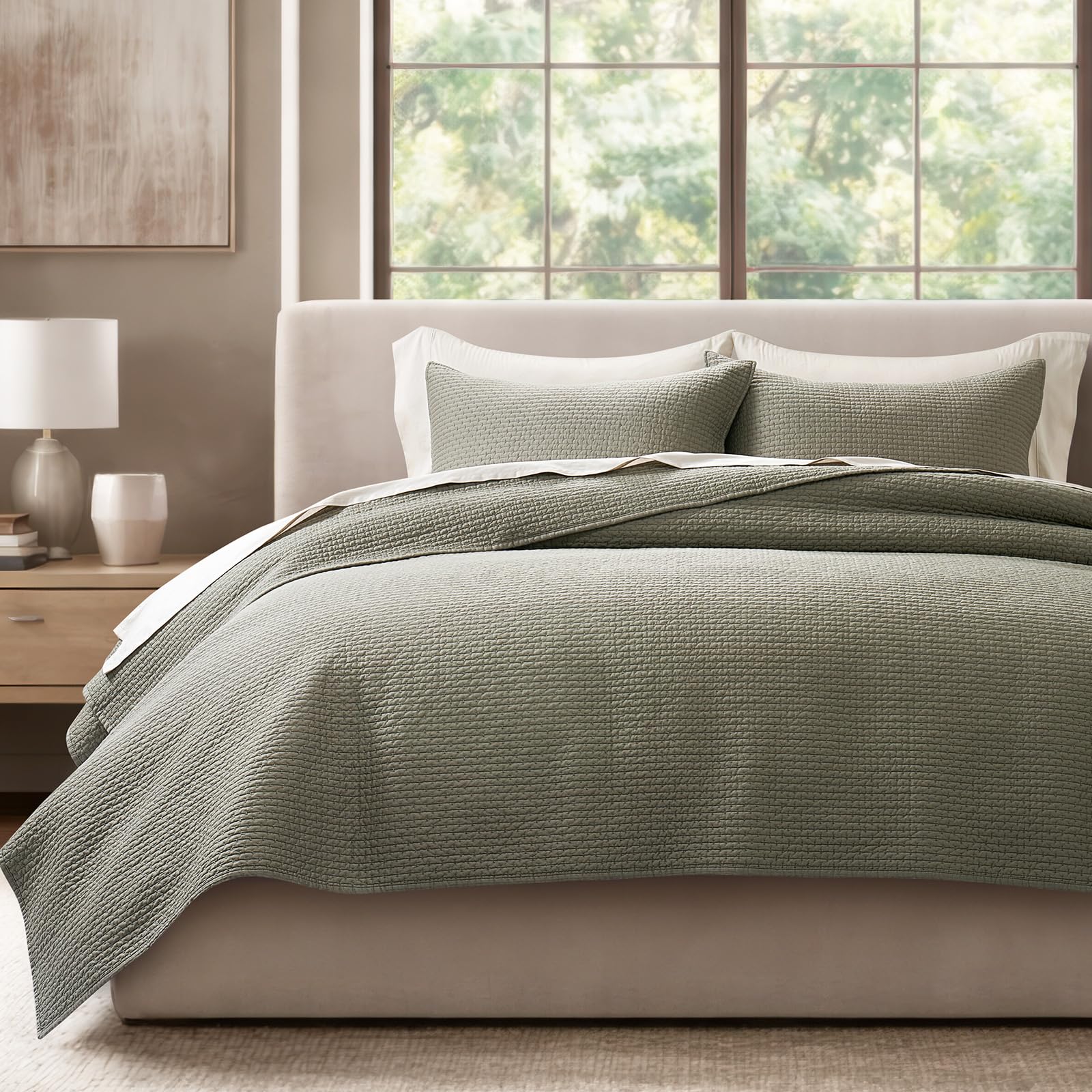 Photo 1 of EverGrace King Quilt Set - Eucalyptus Green Sateen Pick-Stitch