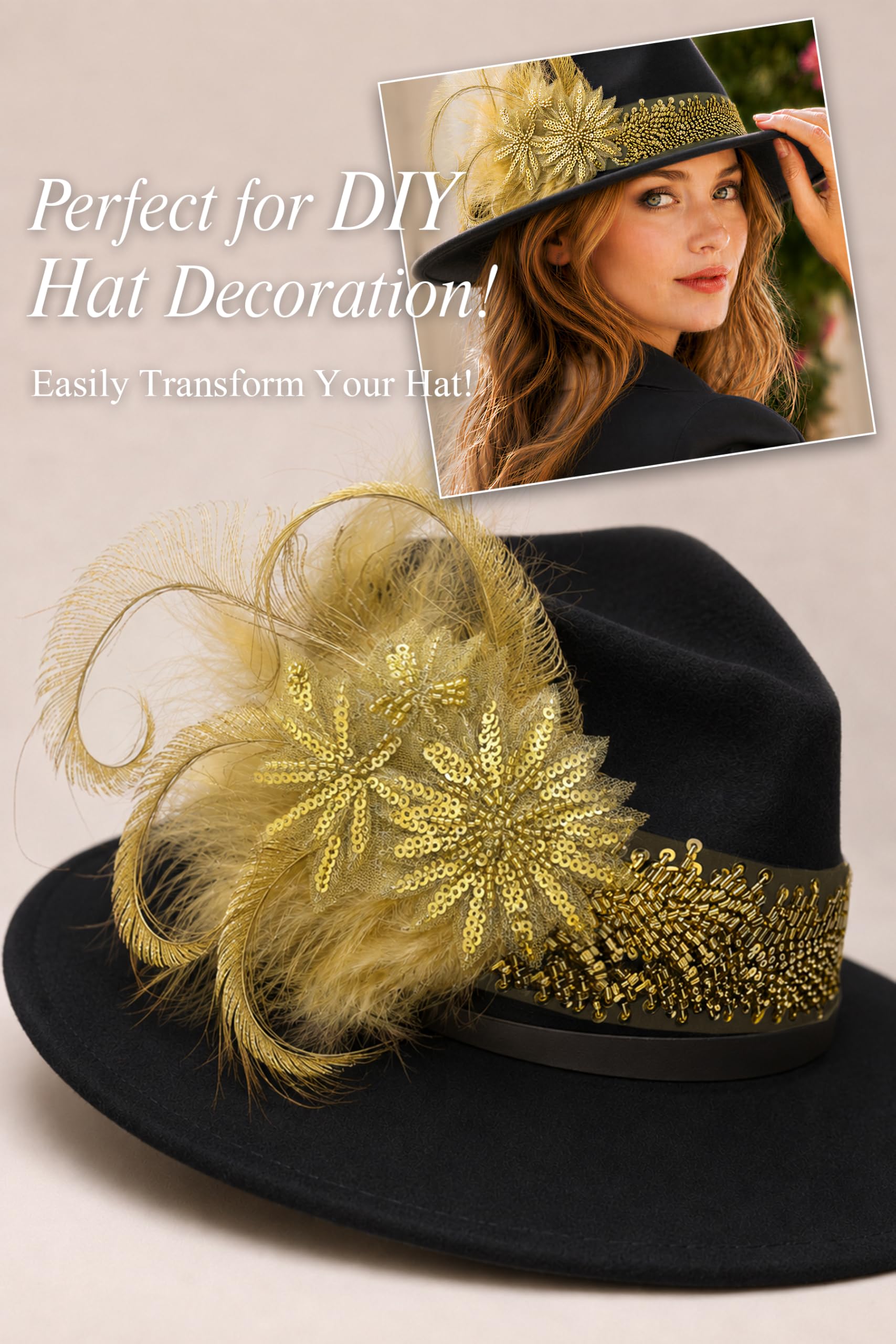BABEYOND 1920er Jahre Feder-Flapper-Kopfschmuck – Gatsby Perlen-Pailletten-Stirnband, brüllende 20er-Jahre Accessoires für Damen (Gold)