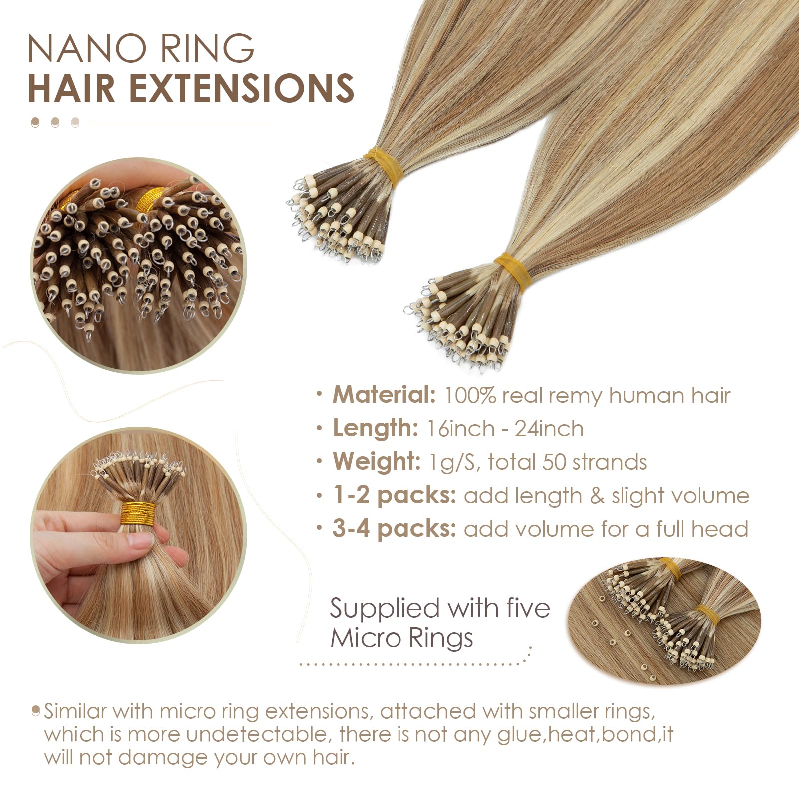 Silk-co Nano Ring Tip Hair Extensions Real Human Hair 24inch 1g/s Pre Bonded 50g Beads Bondings Cold Fushion #12P613 Golden Brown&Bleach Blonde With Nano Beads Cold Fusion 50 Strands - Image 2