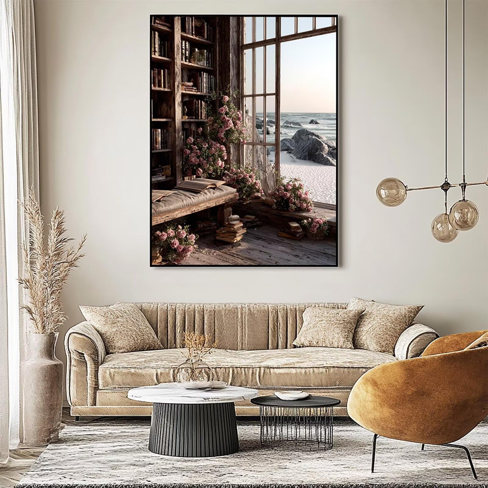 Malen Nach Zahlen Erwachsene, Malen Nach Zahlen Bücherregal Leinwand Bilder Basteln Erwachsene Strand mit Farbe Leinwand zum Bemalen 70 x 95cm, Paint by Numbers als WandDeko wohnzimmer 8YH-5109