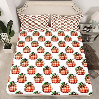 Fall Pumpkin Bed Sheets Set Queen, Happy Thanksgiving Fitted Sheet for Kids Boys Girls Bedroom, Orange Buffalo Plaid Bedding Set, Cartoon Pumpkin Harvest Theme Sheets 3Pcs with 2 Pillow Cases