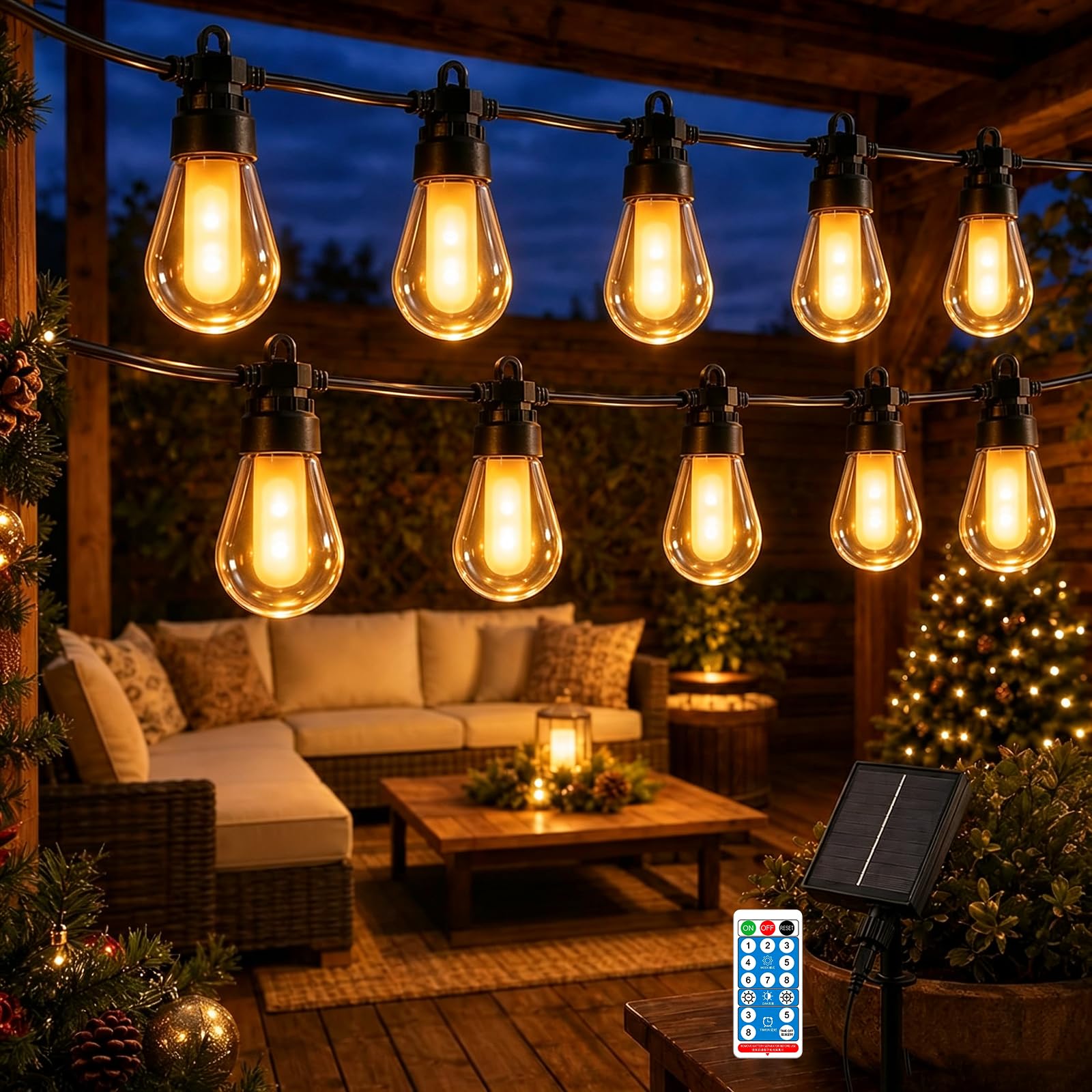 Solar String Lights Outdoor Garden, 6.5M/21FT Solar Festoon Lights with Remote, 10 Shatterproof LEDs, IP65 Waterproof, 8 Modes Auto On/Off for Patio Fence Wedding Party Christmas Decor, Warm White