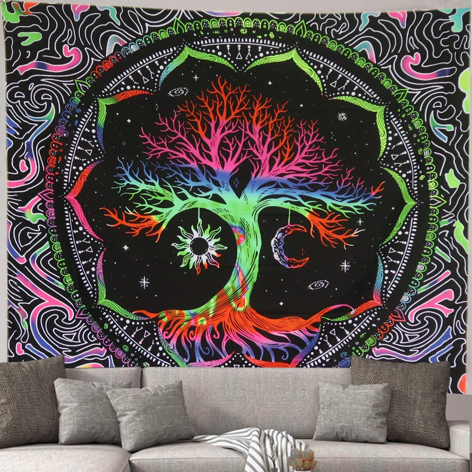 Schwarzlicht Wandteppich Mond & Sterne 150x200cm - UV-reaktiv Mit Göttin Design
