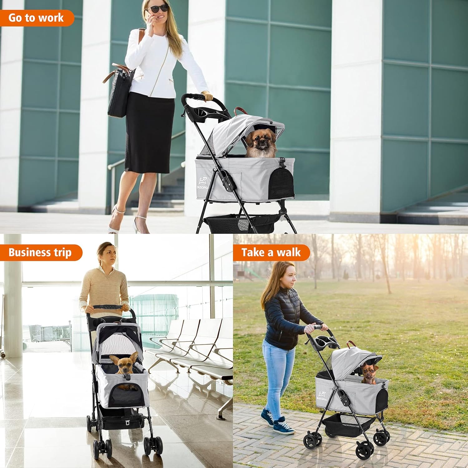 SKISOPGO Dog Cat Pet Gear 3-in-1Foldable Pet Stroller Detachable Carrier, Car Seat and Stroller with Push Button Entry for Small & Medium Pets (Gray) : Pet Supplies