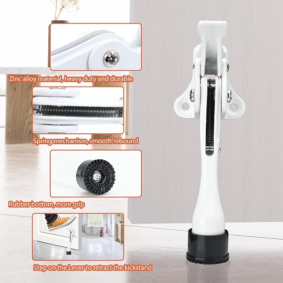2 Pack Kickdown Door Stoppers 4 Inches, Heavy Duty Door Stoppers for Bottom of Door, Door Stop with One Touch and Soft Rubber Tips, White