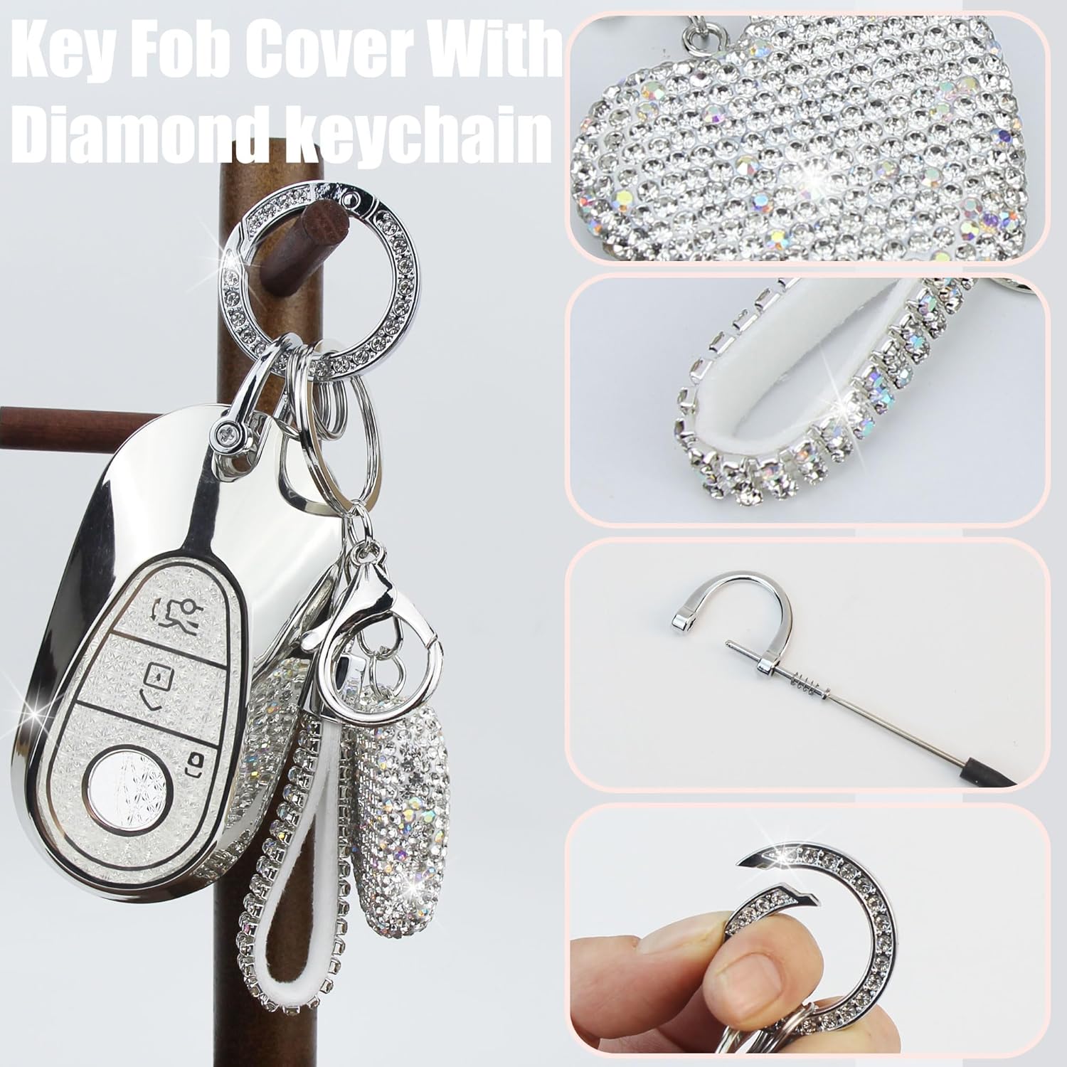 Key Fob Cover with Keychain Fit for Mercedes Compatible with Benz 2020-2022 S-Class G-Class E-Class Key Protector for Women, 3 Buttons (Silver) - Image 3