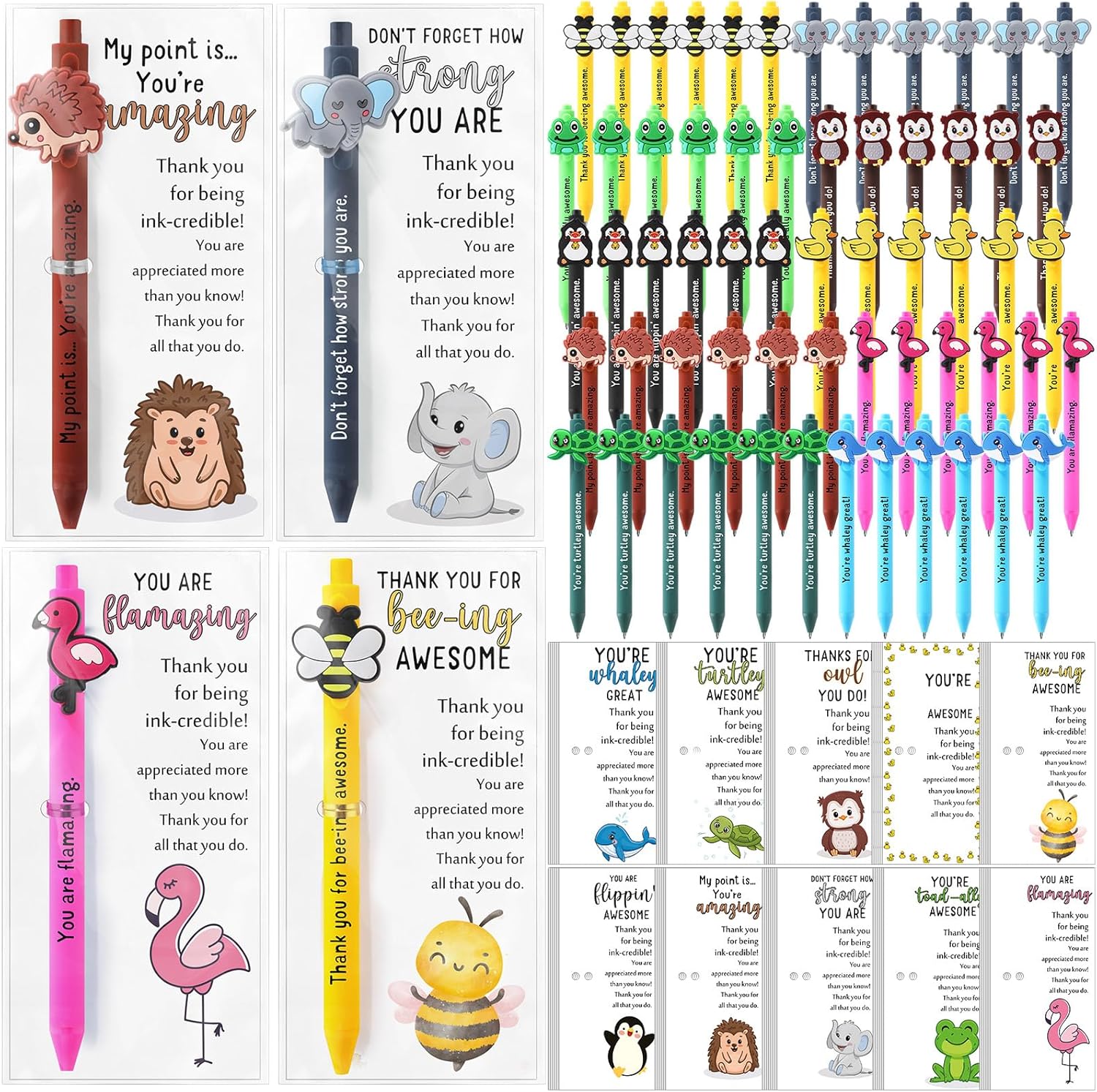 Sayglossy 60 Sets Funny Employee Appreciation Gifts Bulk Funny Animal Thank You Ballpoint Pens and Inspirational Cards Inspirational Gifts for Team Teacher Staff Coworkers Graduation Office Favors