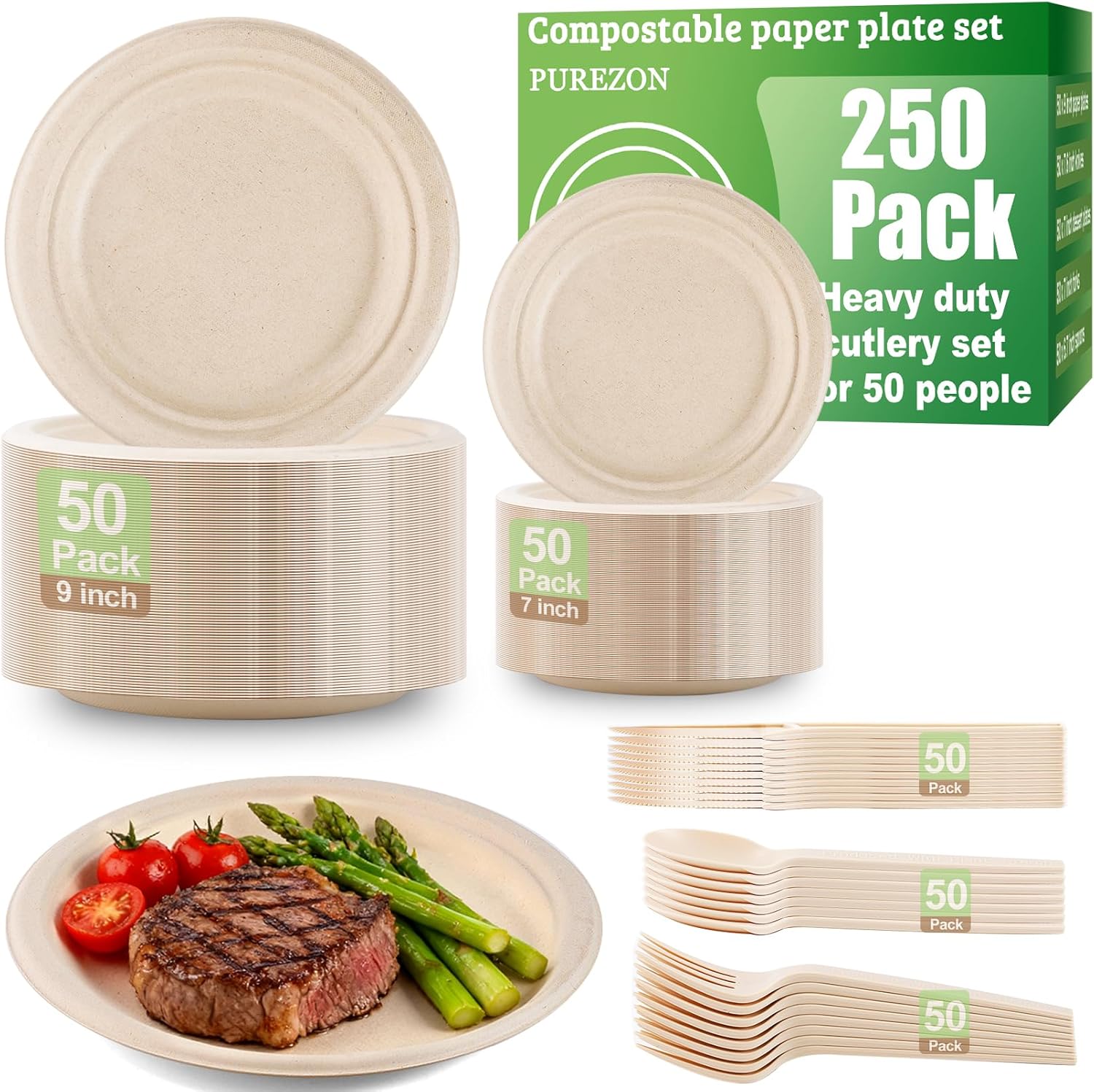250 PCS Compostable Plate Set, Disposable Brown Party Plates with Utensils, Biodegradable Dinnerware Kit (Plates, Forks, Knives, Spoons) for Camping, Birthday, Picnic