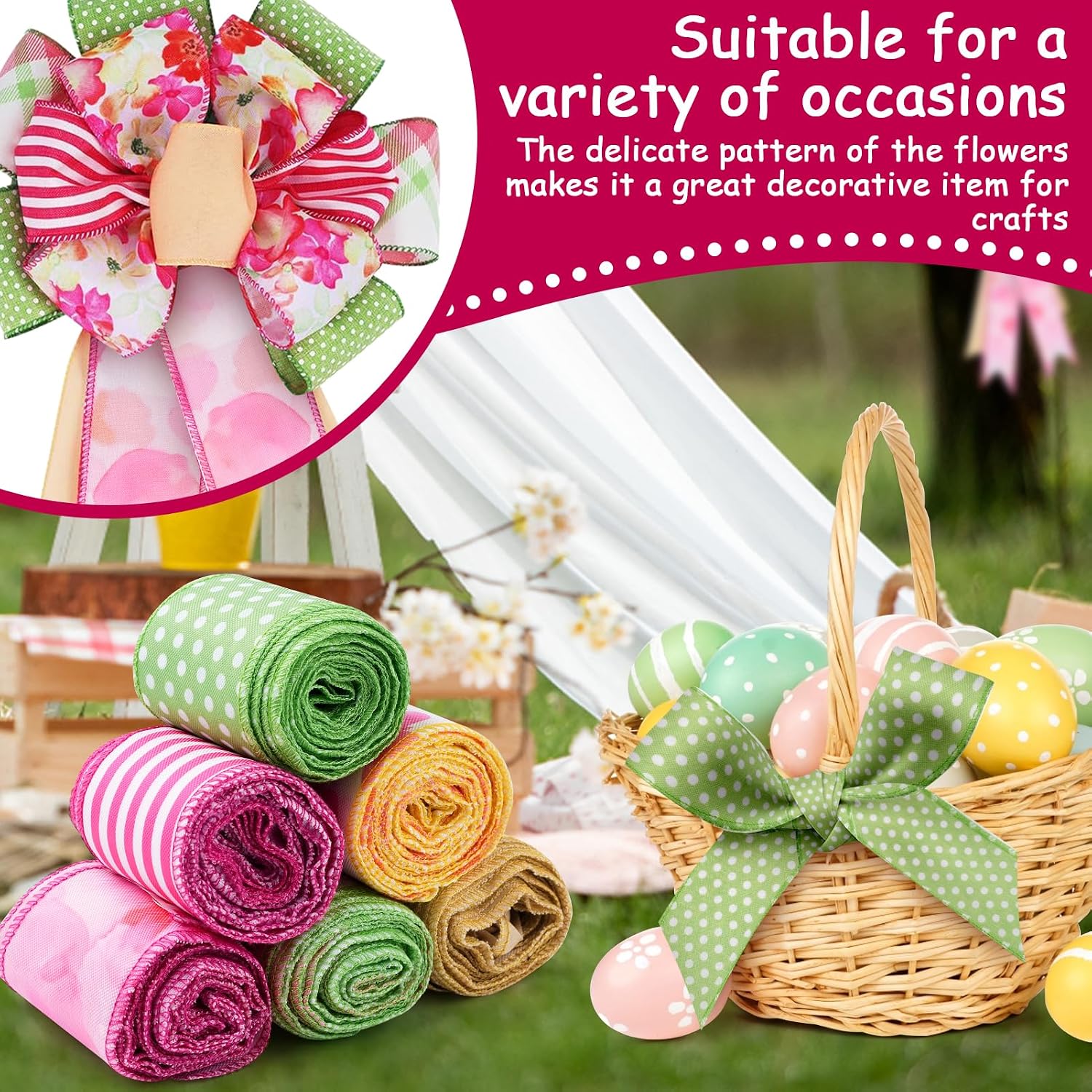 Wired Edge Ribbon 6 Rolls 2.5 Inch x 36 Yards, Pastel Floral Burlap Ribbons with Butterfly Flower for Crafts Gifts Wrapping Wreath Bow Decoration (Style C)