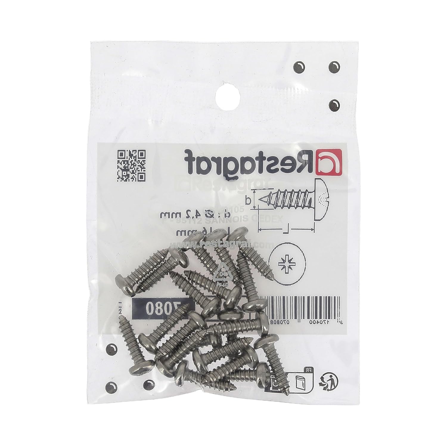 Restagraf 7080 Sheet Metal Screws, Zinc Stainless Steel, 4.2 mm x 16 mm