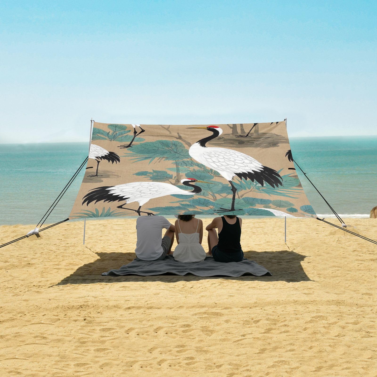 Grand pare-soleil pliable avec pelle à sable, sacs de sable, poteaux de stabilité pour les voyages en famille, les pique-niques et le camping Beige