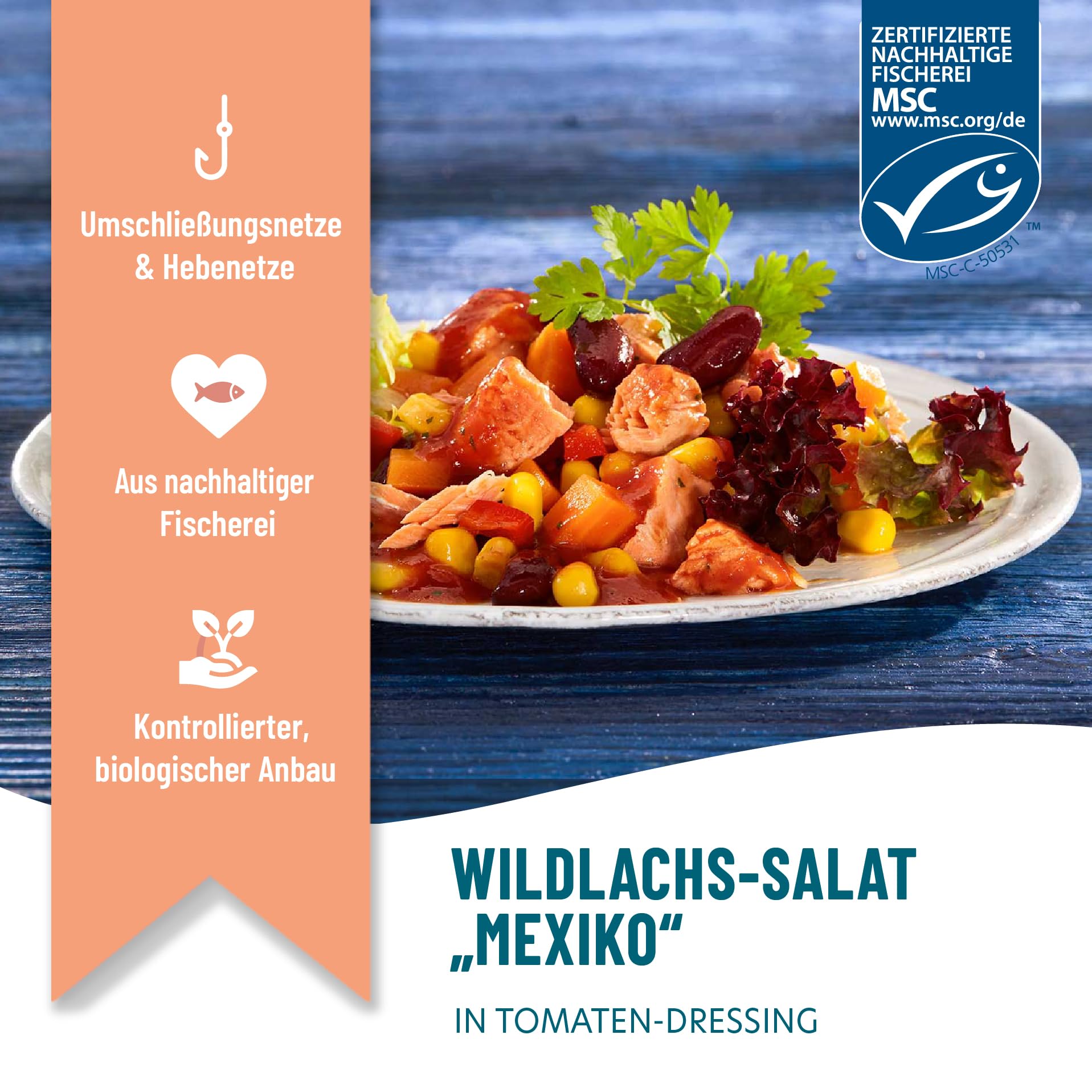 Fontaine - Wildlachs Salat "Mexiko-Style" in pikantem Bio-Tomaten-Dressing – 200 g – 5er Pack - Premium Lachsfilets aus 100% zertifizierter, nachhaltiger Fischerei