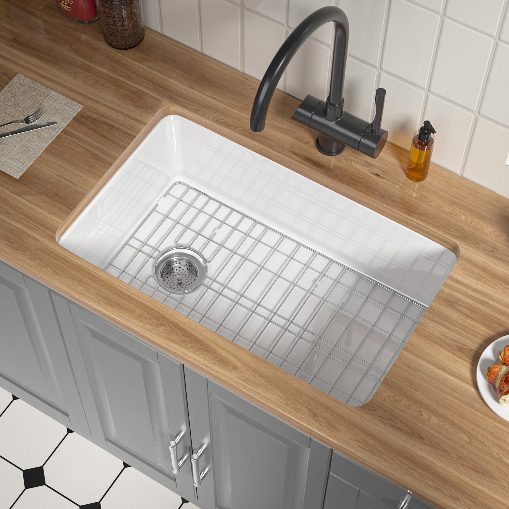 Photo 1 of ***FACTORY SEALED***   Vomlor Offset Drain White Fireclay Undermount Kitchen Sink 30 Inch, Topmount White Undermount Sink 30"x19"x10" Drop In, Deep Single Bowl Heavy Duty, Dual Mount, for Kitchen, Island, Laundry Room