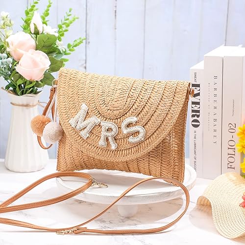 Miniatura 6 de Pinkunn Bride Gift Straw Shoulder Bag Clutch Rhinestone Letter Purse Beach Bachelorette Honeymoon Wedding Bridal Shower Bride Gift, Straw,
