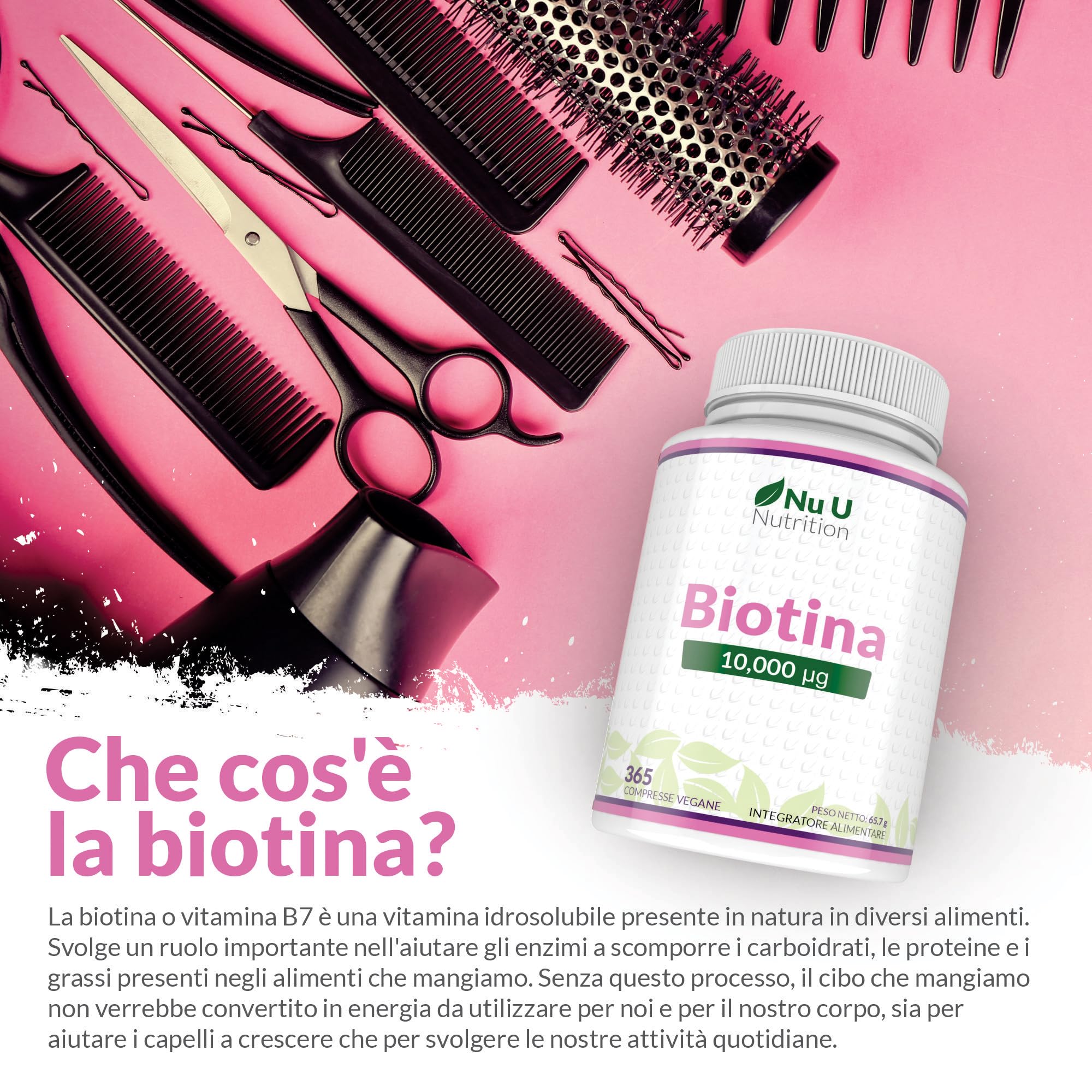 Biotina 10000 mcg - 365 Compresse Vegane - 1 Anno di Trattamento - Integratore per Crescita Capelli, Unghie & Pelle - Prodotto in Europa - Nu U Nutrition