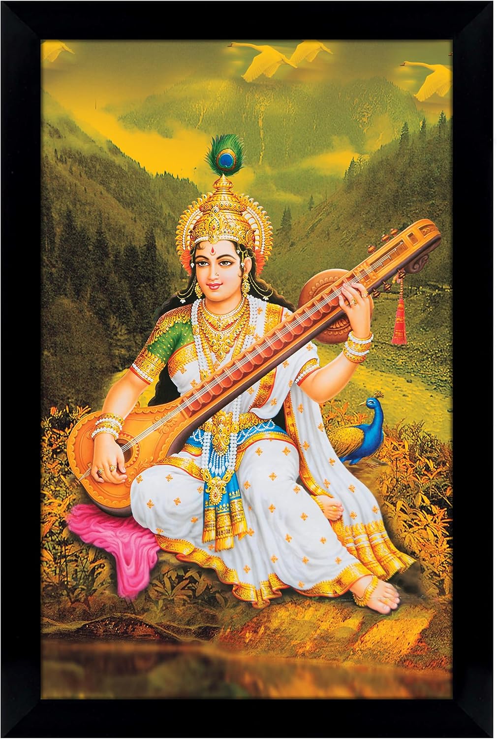 Indian Goddess Saraswati With Her Veena Picture Frame Auspicious Hindu Goddess Of Knowledge Poster With Frame Wall Decor For Home/Office/Temple