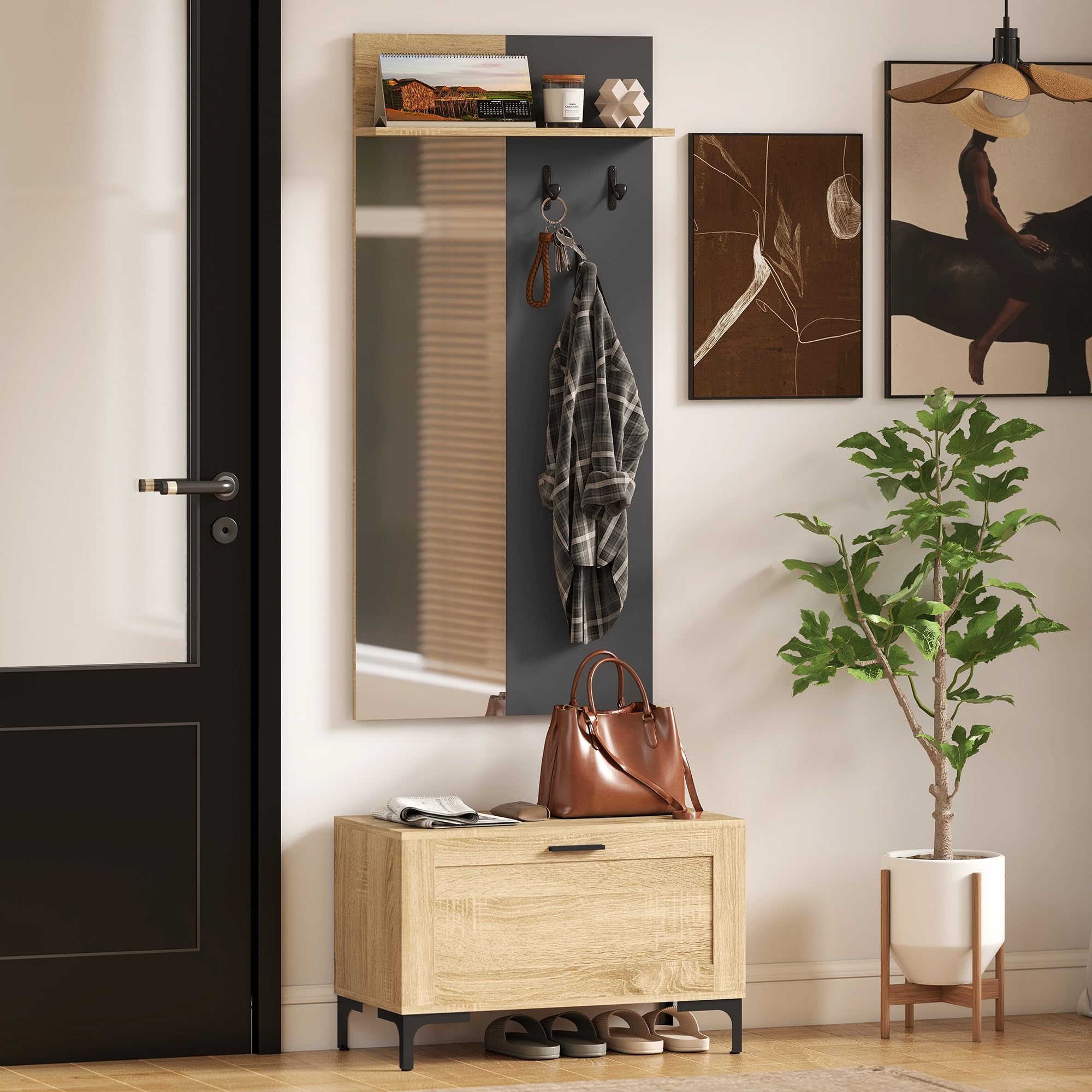 HOMCOM Garderobe Set, Garderobe mit Spiegel, Haken, Schuhbank, Ablage, Garderobenständer, Garderobenset, Flurgarderobe mit Klappschublade, für den Flur, 60 x 13,5 x 127,5 cm, Naturholz
