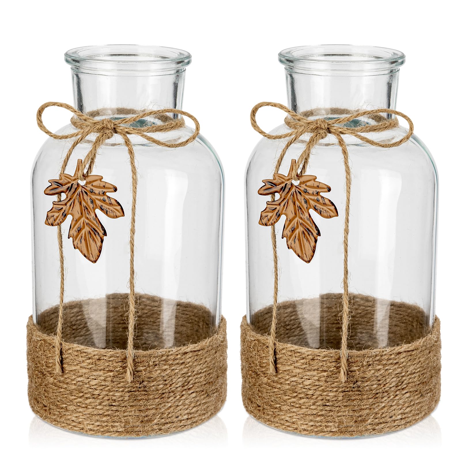 Briful 20cm Tall Glass Vases Wrapped with Jute Rope - 2 Large Clear with Realistic Maple Leaf for Table Decoration