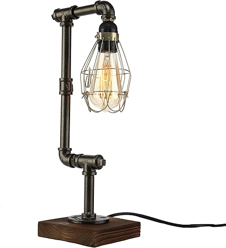 LAKIQ Lámpara de escritorio industrial vintage retro tubo de agua lámpara de mesa con jaula de pájaros para dormitorio, sala de estar, comedor,