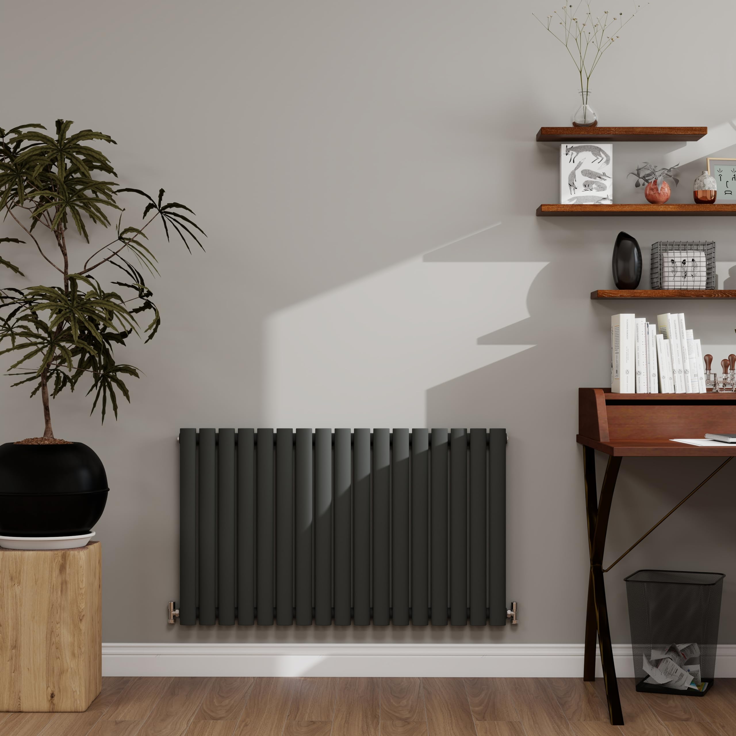 Simple Bathrooms Anthracite 600×1003Mm Horizontal Oval Radiator 2620 Btu - Single Panel Modern Central Heating System For Bathroom, Kitchen & Living Room, Energy Efficient Designer Heater