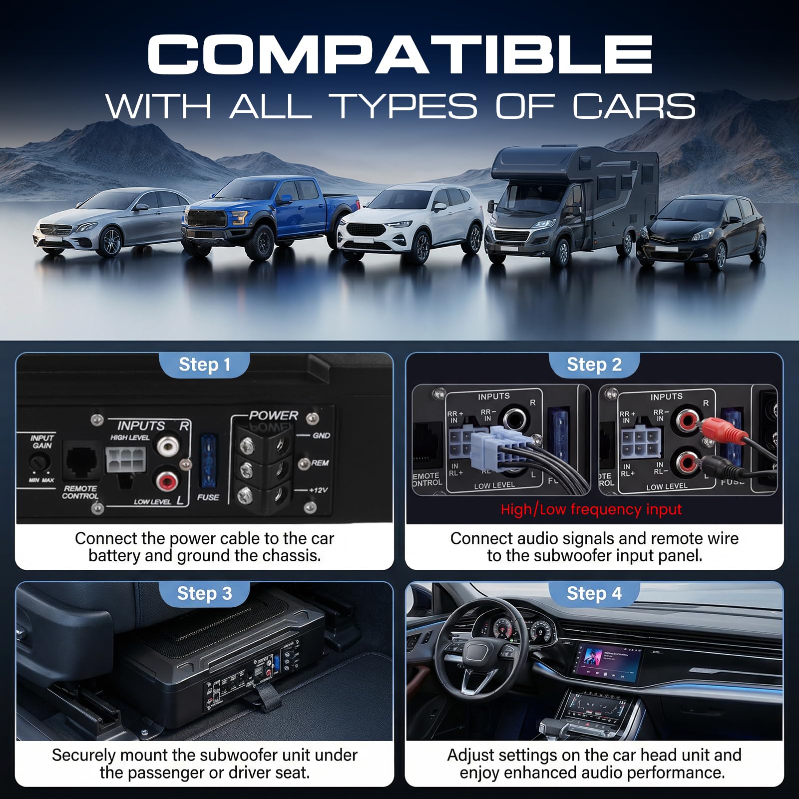 Hodozzy Subwoofer Activo Coche Ultradelgado, Subwoofer Autoamplificado Coche de 8 x 12 Pulgadas 1000W, 12V Subwoofer para Debajo del Asiento para Automóvil, Altavoz Compacto para Co-che Amplificador