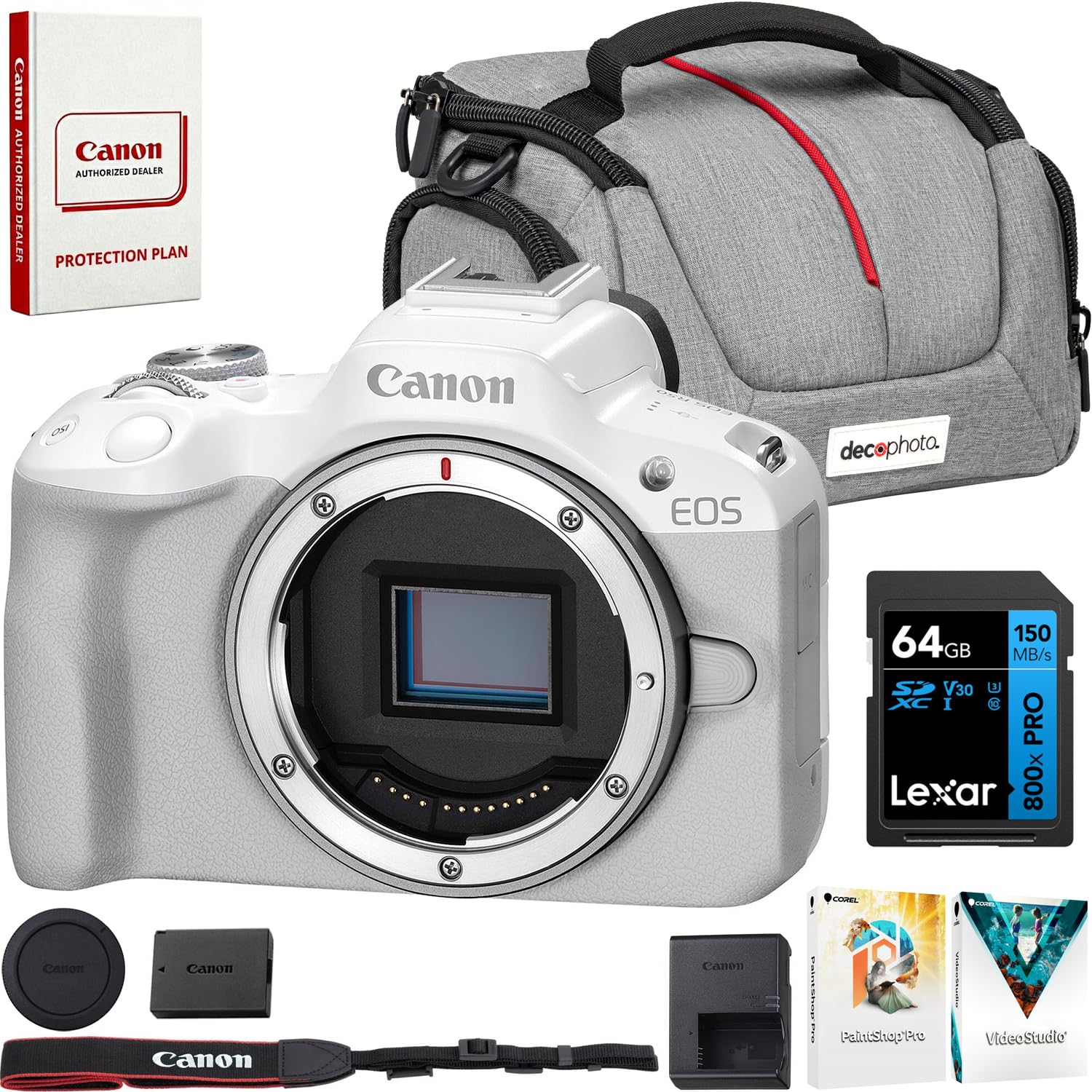Canon EOS R50 Mirrorless Camera Body Only (White) 5812C002 Bundle with Lexar Premium 64GB SDXC Memory Card, Deco Essentials Camera Bag and Corel Photo