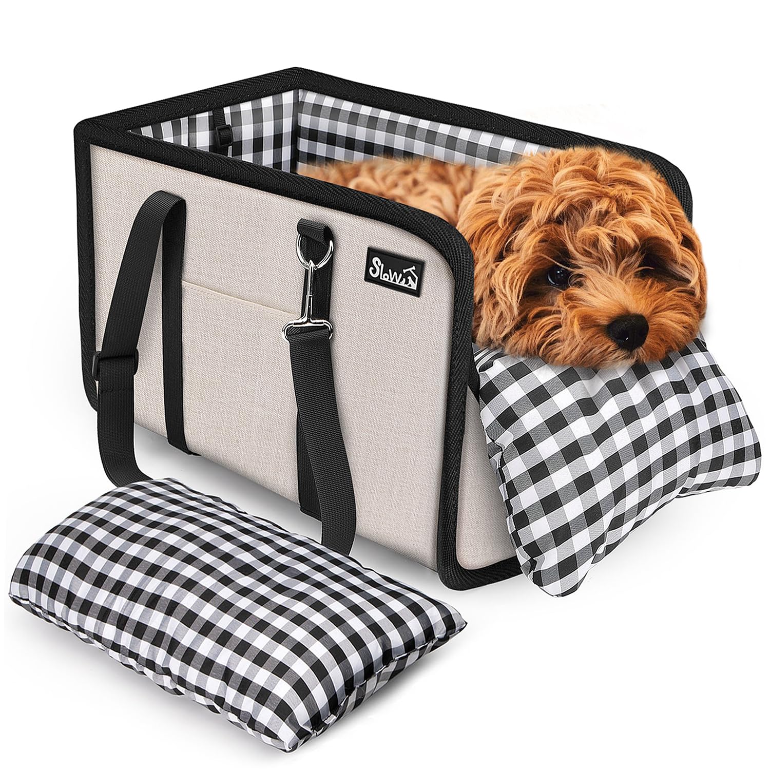 SlowTon Console Dog Car Seat, Pet Booster Seat for Car with Safety Belt and Soft Cushions, Anti-Collapse Center Console Design with Detachable Support Dog Carriers for Small Puppy (Beige)