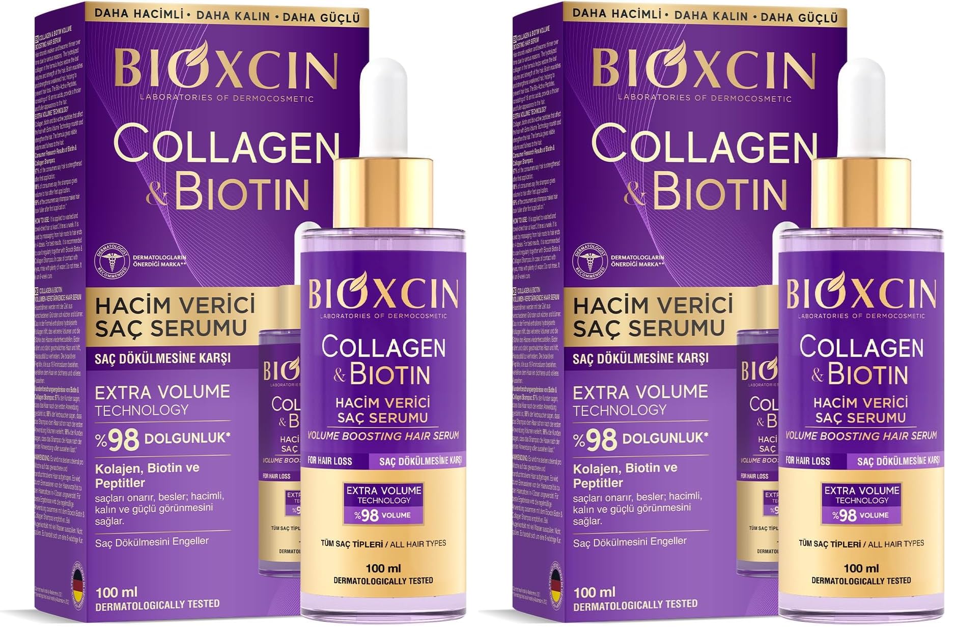 Bioxcin Collagen & Biotin Saç Serumu 100 ml – Saç Dökülmesine Karşı, Hacimlendirici, Hidrolize Kolajen, Biotin ve BioComplex B11 İçerikli (2 paketi)