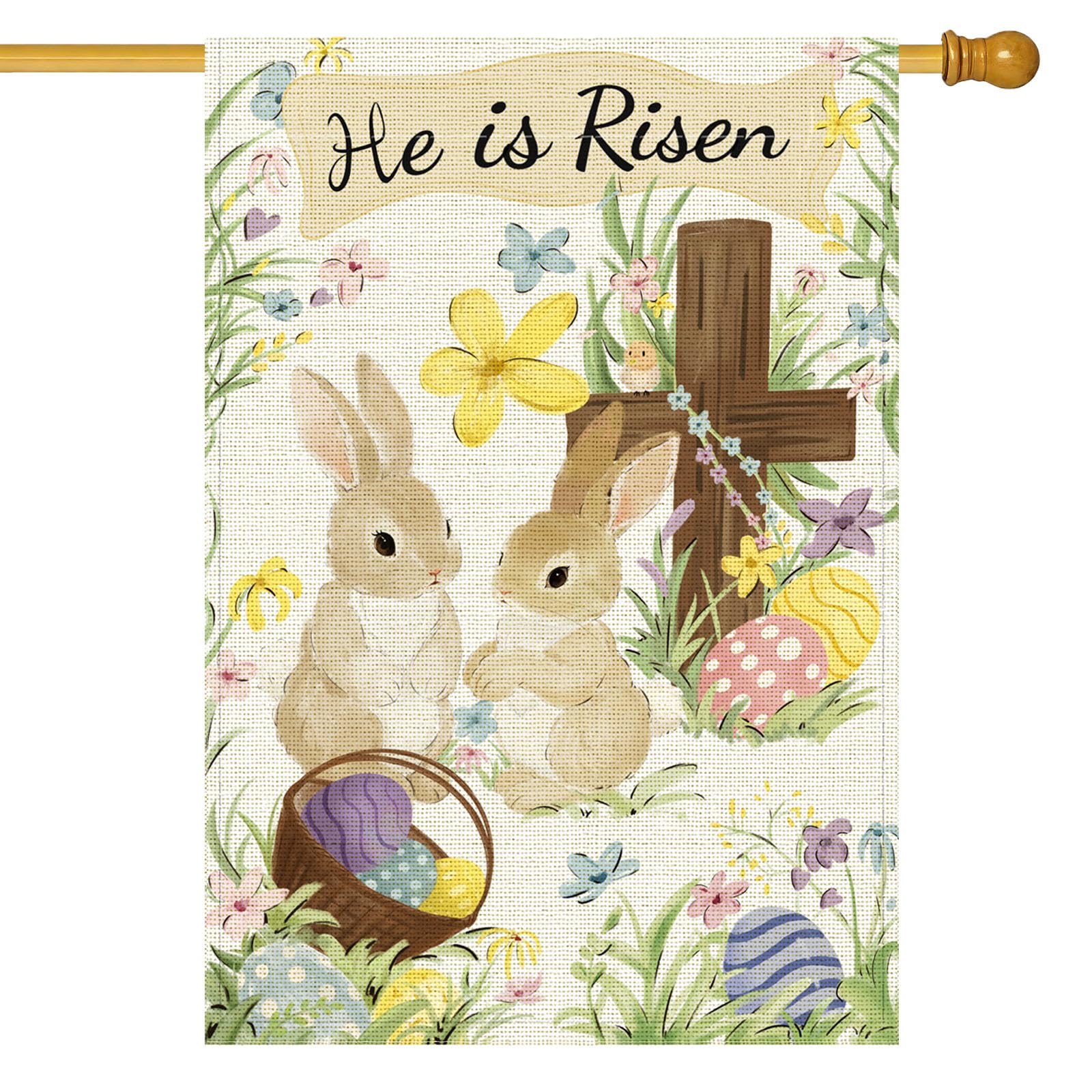 Photo 1 of ATTRACME He Is Risen Easter Garden Flag for Outside, 28x40 Inch Double Sided Spring Flags with Bunnies Flowers Cross, Easter Gifts Yard Decoration Flag for Outdoor Garden, Patio, Porch