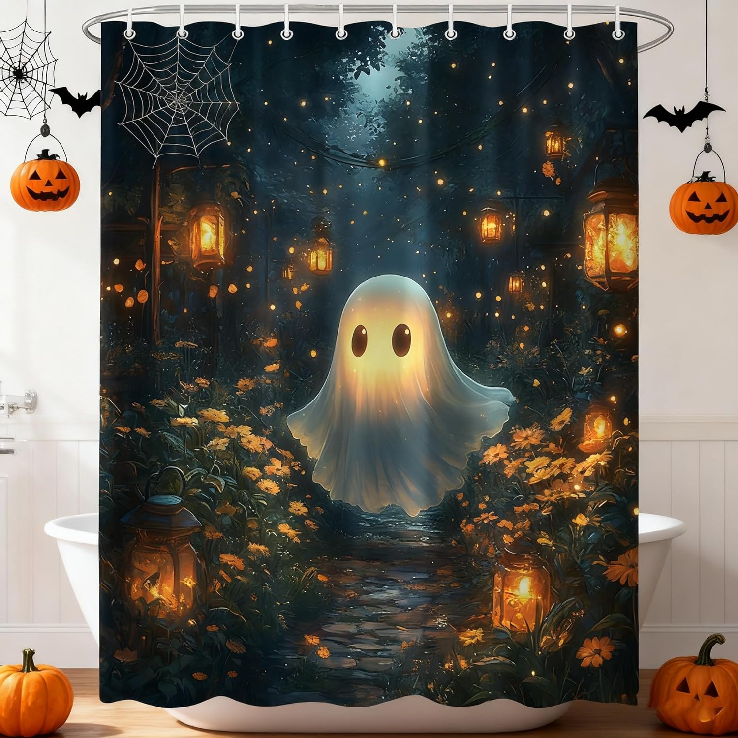 Spooky Ghost Shower Curtain Fantasy Foggy Forest Funny Ghost Drift Cabin Path Wildflower Gothic Halloween Magic Wonderland Bath Decor Polyester Fabric Curtains 106X70 Inch
