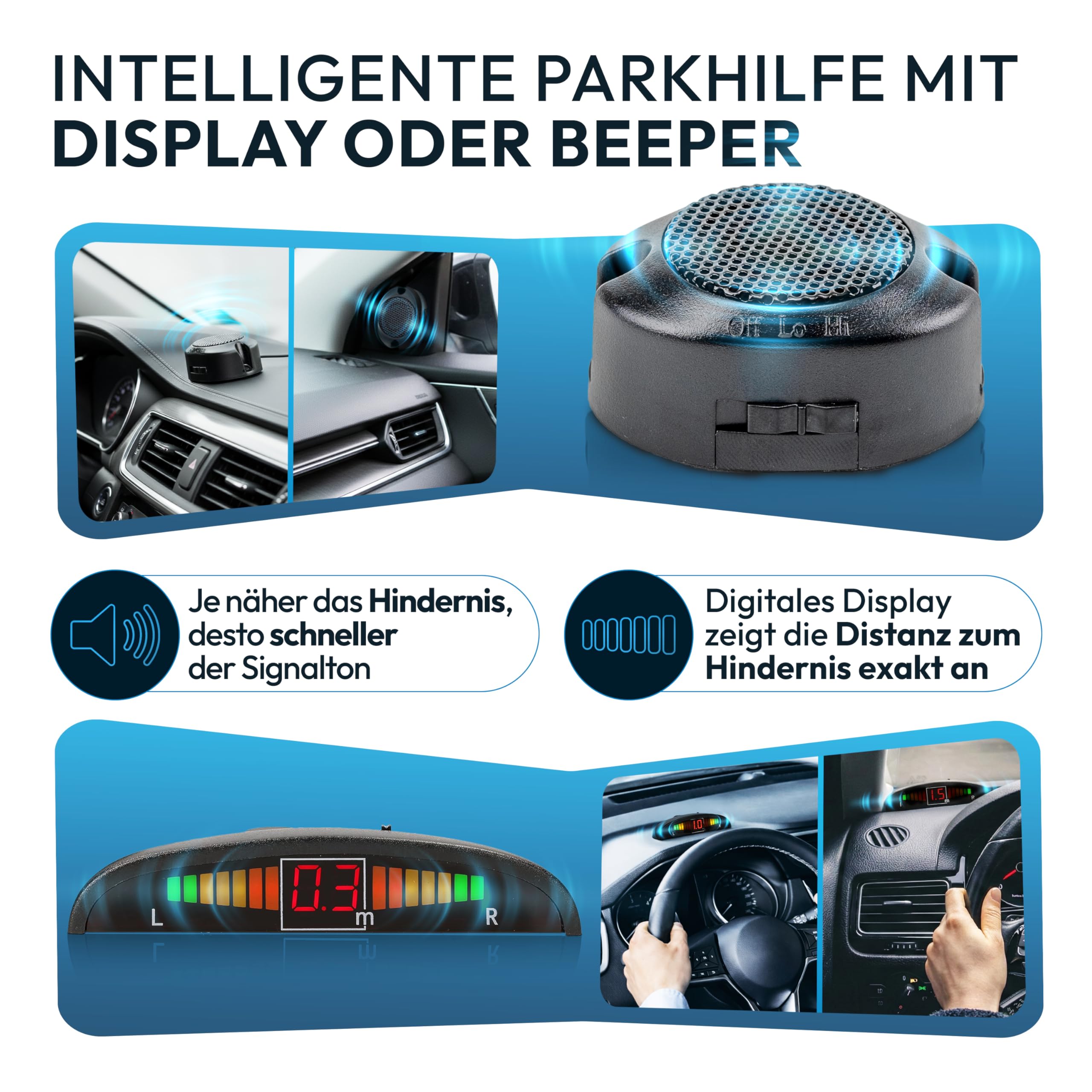 VSG24 Kennzeichen Einparkhilfe mit Display & Lautsprecher – robuste Parkhilfe vorne oder hinten mit 3 Sensoren – LED-Anzeige & akustischer Rückfahrwarner – 30–150 cm – 12V PDC Nachrüstset