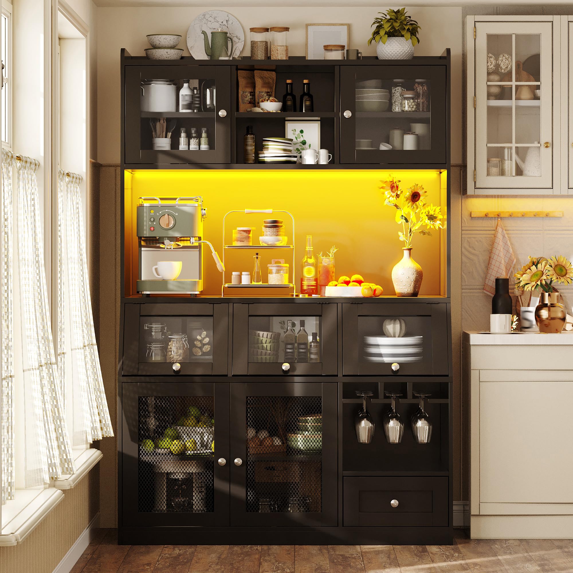 Buffet Haute Cuisine L120 x P40 x H182 cm, Armoires de Cuisine, Vaisselier avec Port USB, Meuble Cuisine Rangement avec Portes Vitrées, éclairage LED, Un Plan de Travail spacieux, Noir