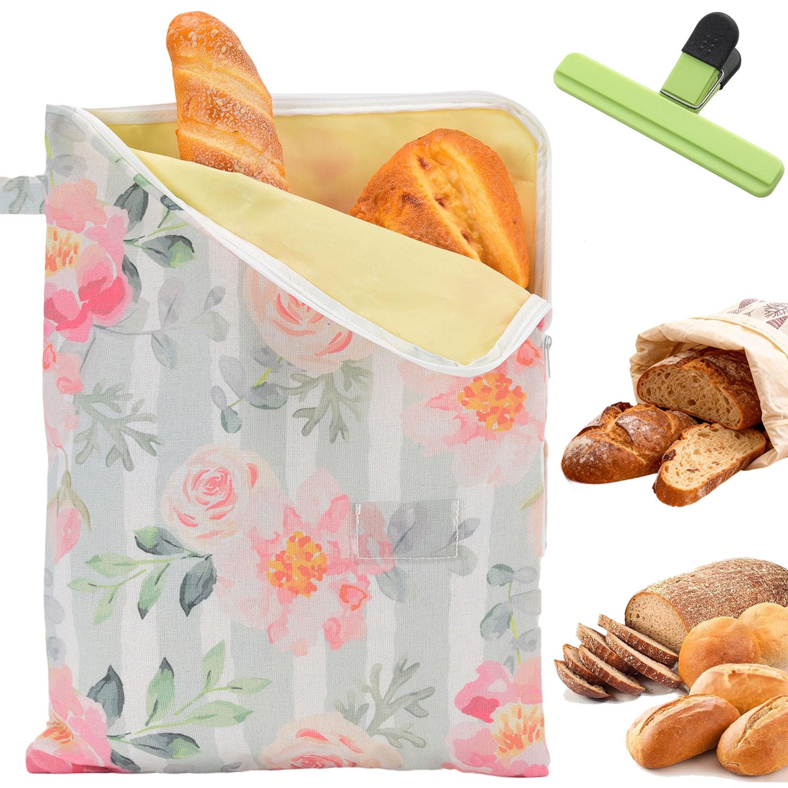 Beeswax Bread Bag, Reusable Cotton Bees Wax Bread Bag With Zip Closure, For 3x Longer Freshness, For Baguettes, Fruit And Vegetables (B)