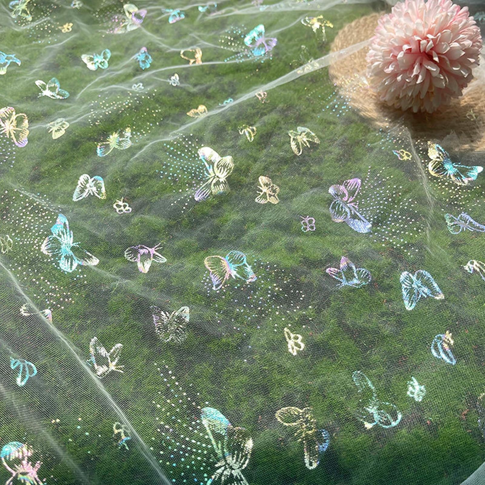 Dxcaicc Tulle Mesh Fabric 150X100cm Iridescent Gradient Butterfly Pattern Sheer Veil Skirt White Gauze Summer Cloth for DIY Projects
