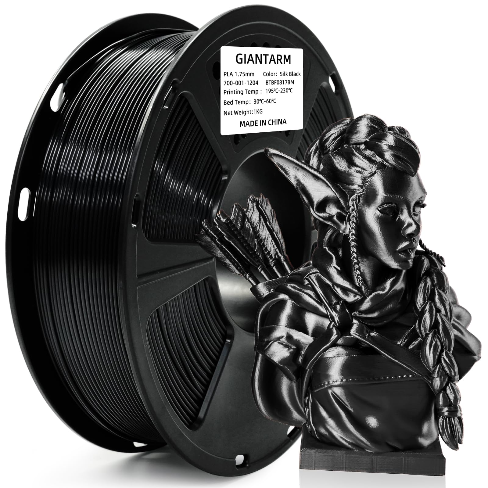 GIANTARM 3D Printer Filament, Silk Black Pla Filament, 1Kg(2.2lbs) Spool, 1.75mm Dimension Accuracy +/- 0.03mm, 3D Printing Filament