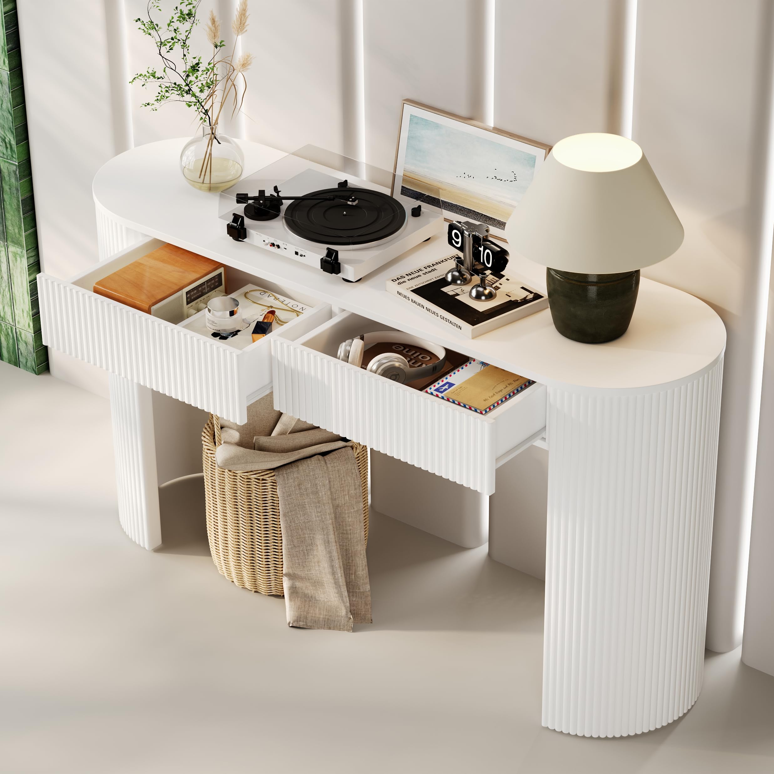 Tavolo consolle da toeletta, tavolino da corridoio, con cassetti, con parte anteriore curva e poggiapiedi regolabili, per soggiorno, camera da letto, corridoio, 120 x 33 x 76 cm (bianco)