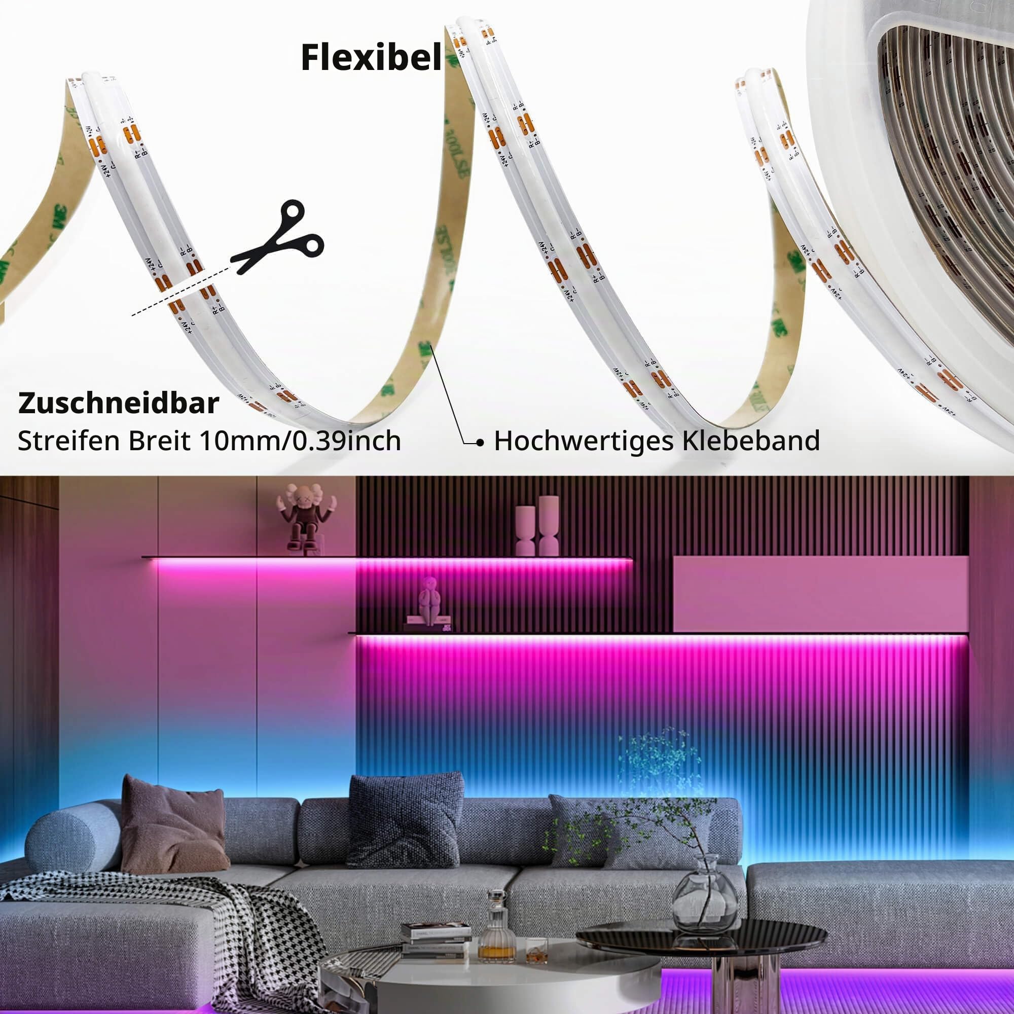 DC24V COB RGB LED Streifen,10m/Rolle Lichtstreifen für Ambientebeleuchtung