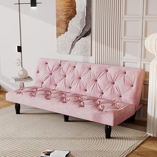 65"W Futon Sofa Bed, Velvet Convertible Loveseat Sofa with 3-Level Adjustable Backrest, Comfy Tufted Sleeper Couch Bed,Upholstered Recliner Modern Couch for Living Room, Bedroom, Apartment(Pink)