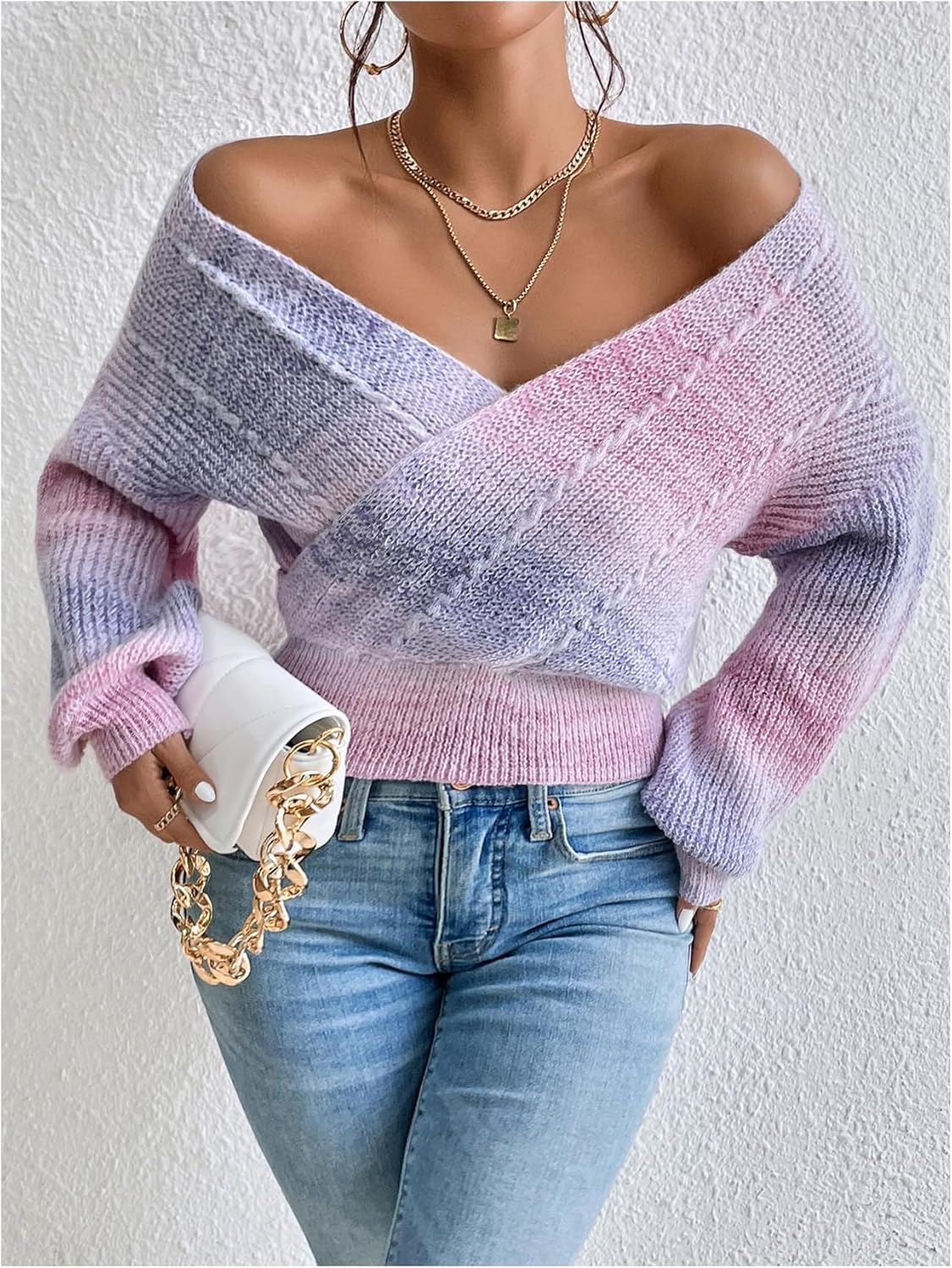 SOLY HUX Women's Tie Dye Sweater V Neck Wrap Long Sleeve Knit Pullover Fall Casual Jumper Tops - Image 4