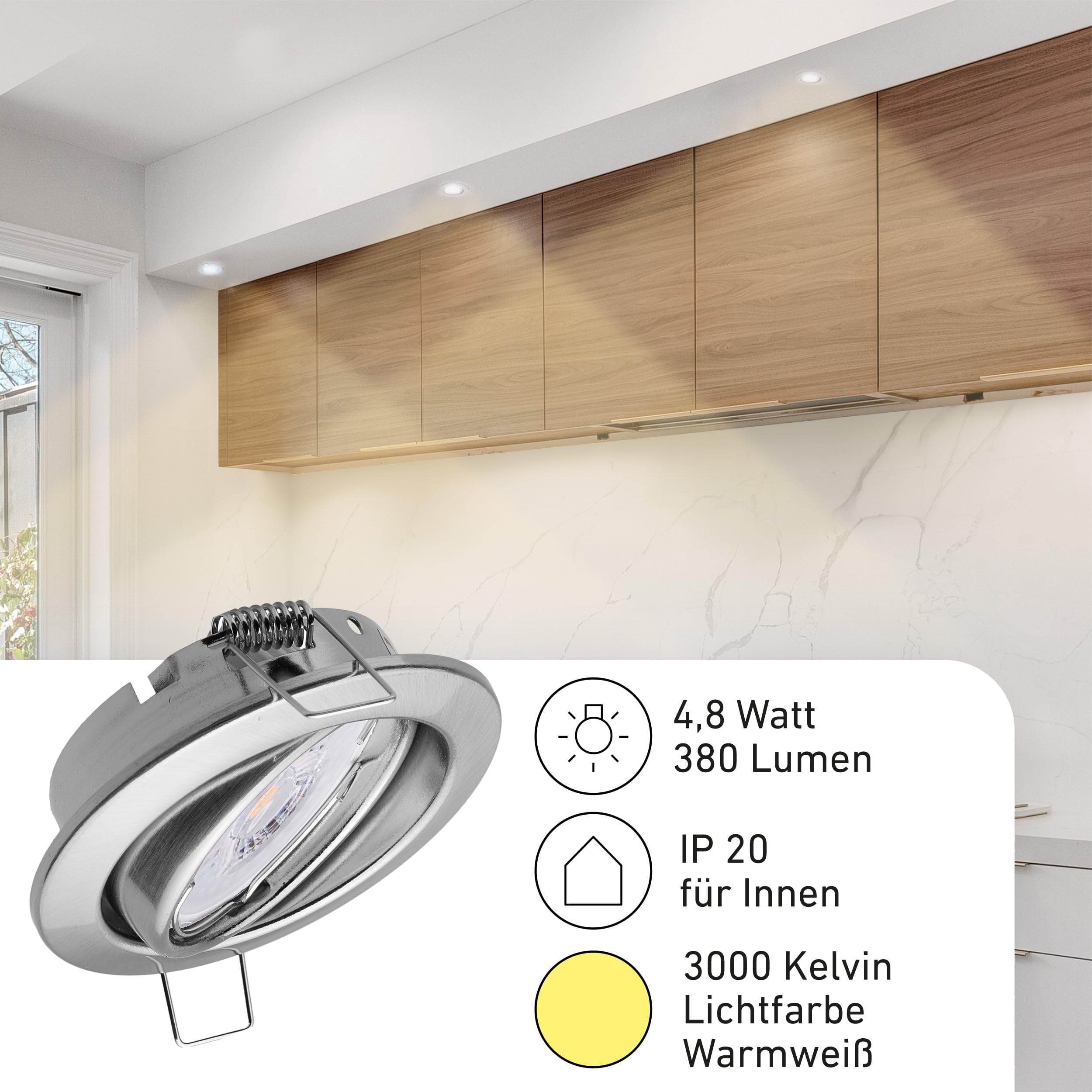 Oktaplex 12er Set Dijon LED Deckenspots 230V schwenkbar 22mm Einbautiefe | Warmweiß 3000K, Lochmaß 68mm, 4,8W, 380lm, 110°, Einbaustrahler Edelstahl gebürstet rund, ultra flach