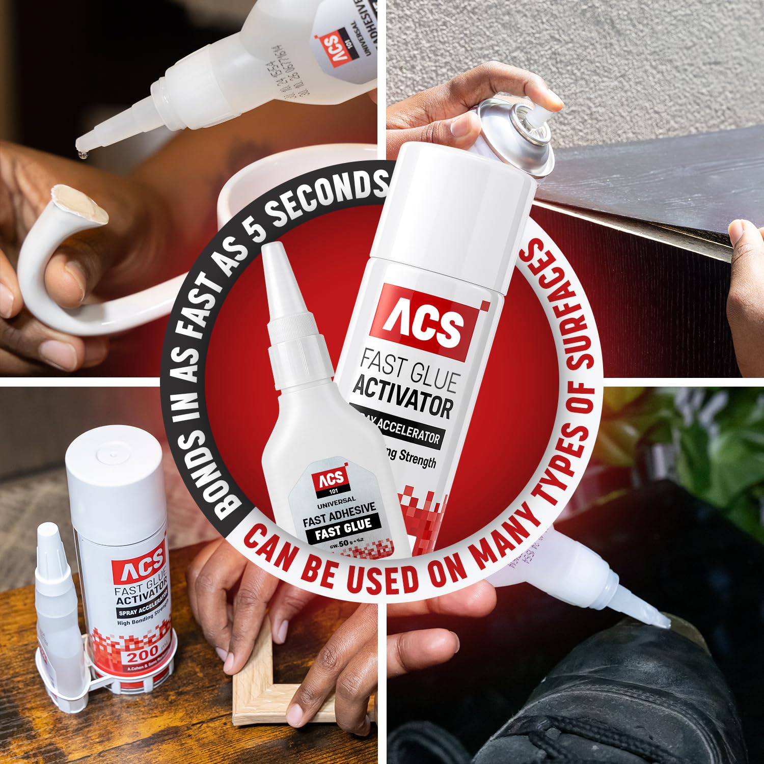 ACS Universal Super Glue with Activator Kit (50g + 200ml) - Premium Spray Accelerator Bundle for Woodworking, Plastic, Crafts, Leather
