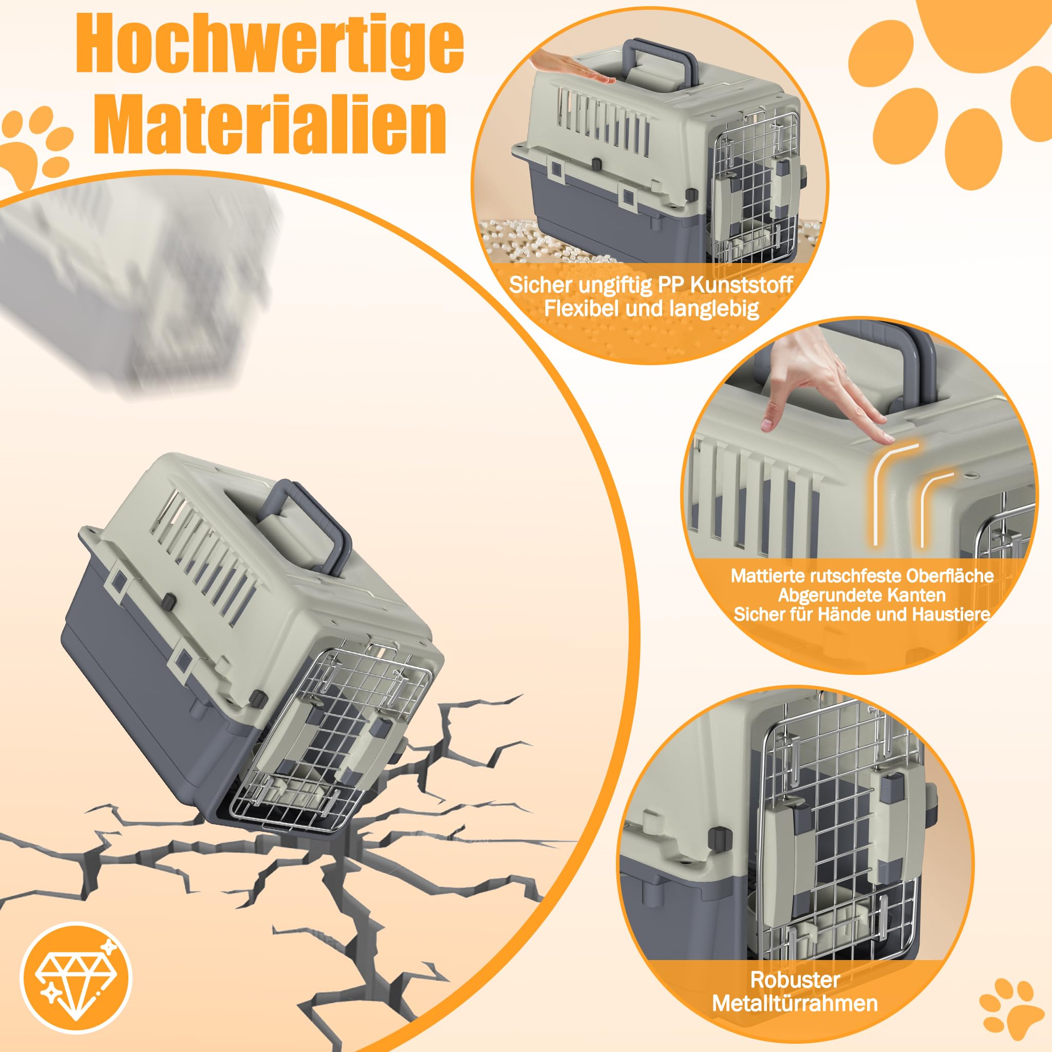 XMTECH Hundetransportbox Transportbox Flugzeugbox für Tiere, Reisebox für Hunde, mit Sicherheitsverriegelung & Lüftungsgitter, L 60 x B 40 x H 40 cm