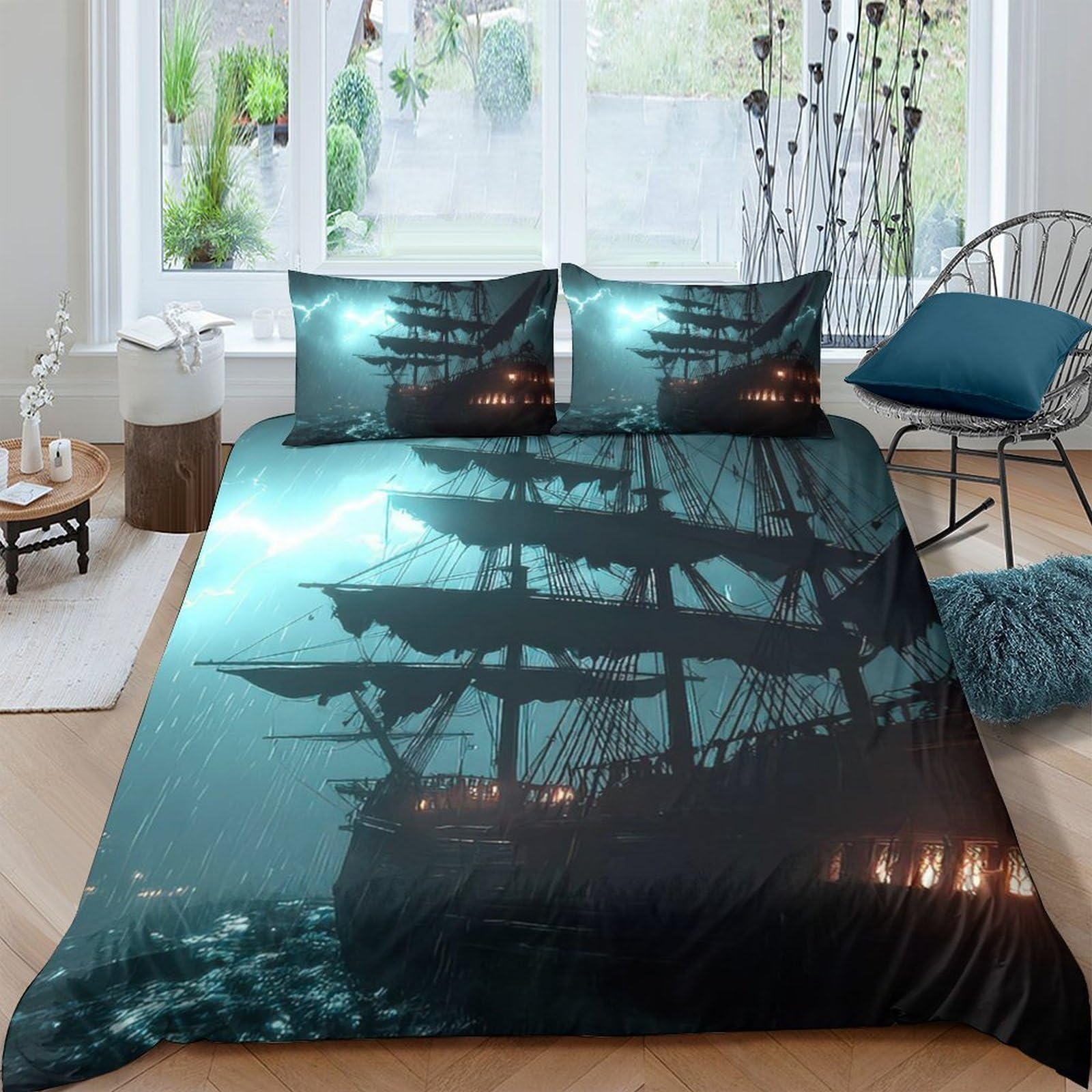 Ctjqhvkz Style-10 3D Printed Pirate Ship Fitted Sheet Microfiber Soft Breathable Ocean Night Bed Cover For Bedroom Dorm Mattress Decor Single（135X200cm）