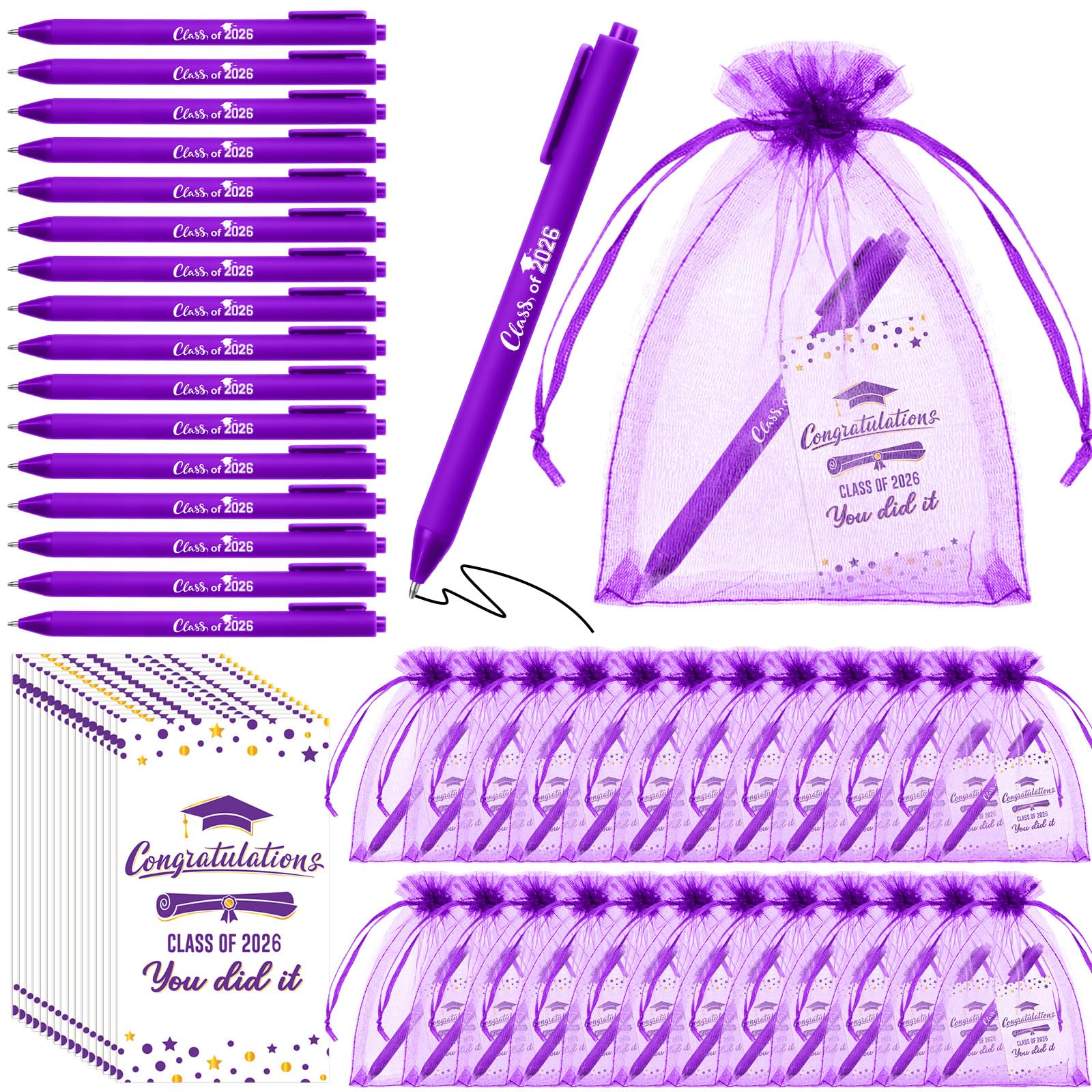 Mooliwe 36 Sets Class of 2026 Gift Pens Bulk Graduation Party Favors Black Ink Ballpoint Pen with Greeting Cards and Organza Bags Grad Gift(Dark