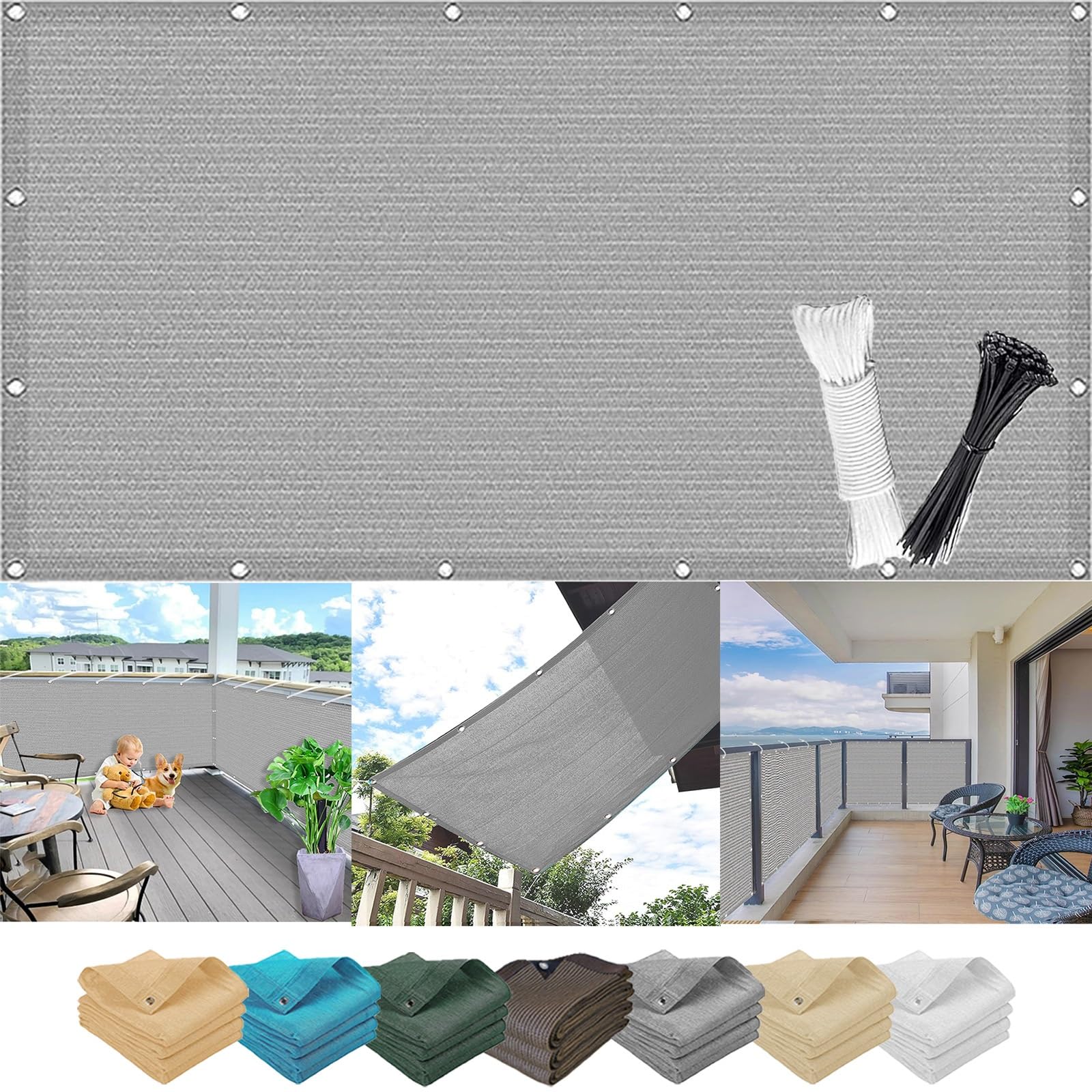 KLGFBDC Privacy Screen 0.9 x 10m UV Resistant Dustproof TearResistant Polyethylene Durable Balcony Cover with Grommets & Cord Grey Garden Shielding Solution