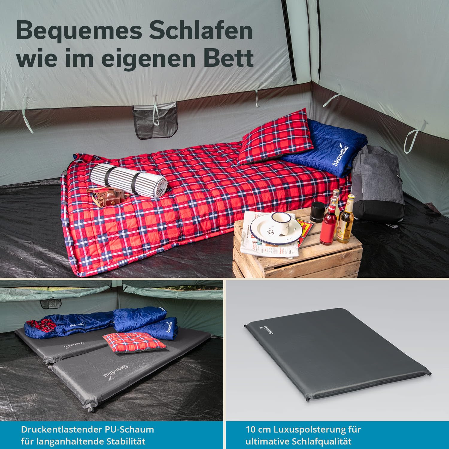 Skandika Doppel-Isomatte Easy Double | 10 cm dick, selbstaufblasend, leicht, faltbar, selbstfüllender Schaumstoff, Campingunterlage, Gästematratze, Luftmatratze | Isomatte Camping, Outdoor, Zelt, Auto