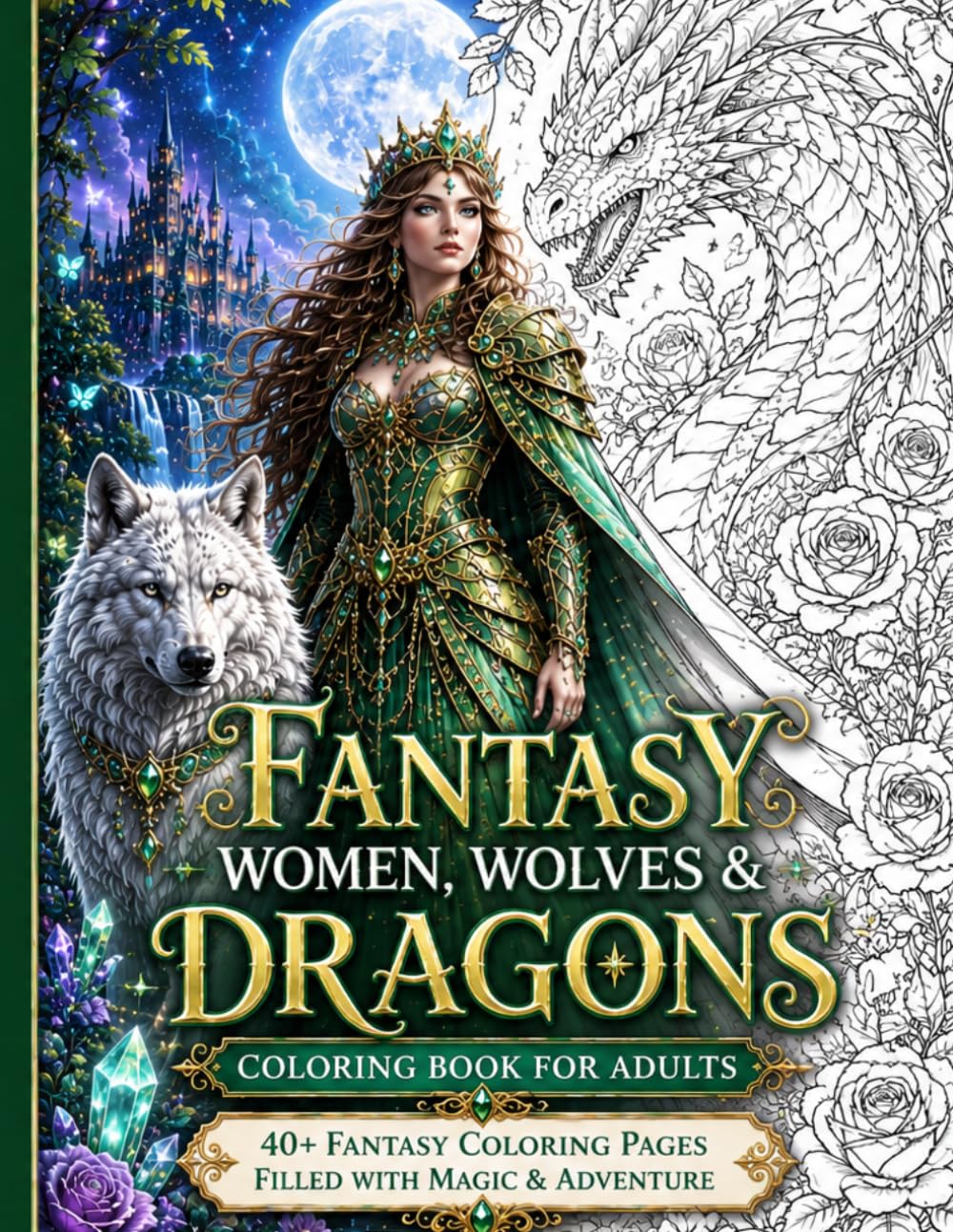 Fantasy Women, Wolves & Dragons Coloring Book for Adults: 40+ Fantasy Coloring Pages Filled with Magic, Adventure, Moon Goddesses, Spirit Wolves & Majestic Dragons