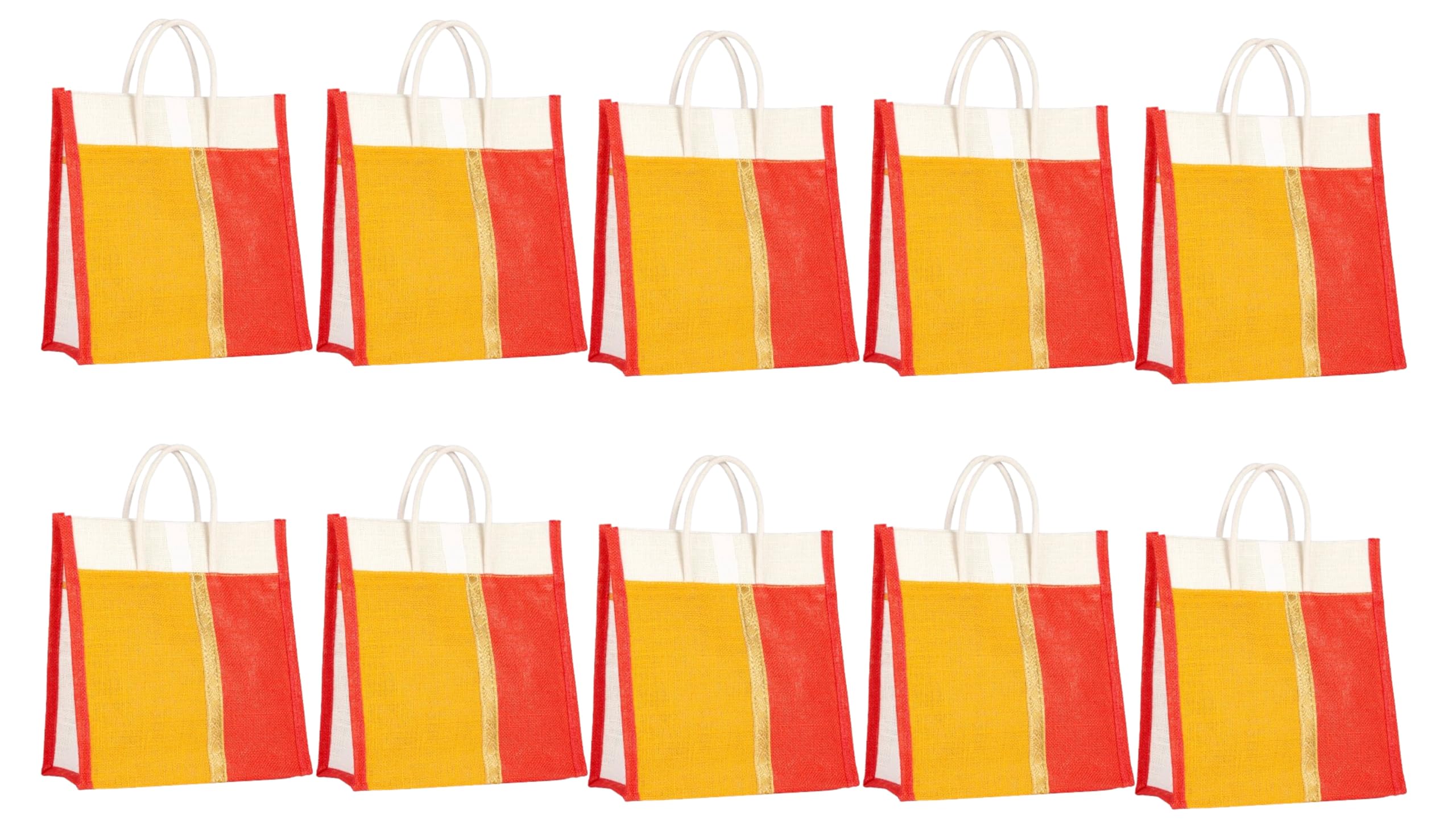 Soman Jute Thamboolam (Large) Bags for Return Gifts Golden Yellow-Red Combo - Pack of 10 bags
