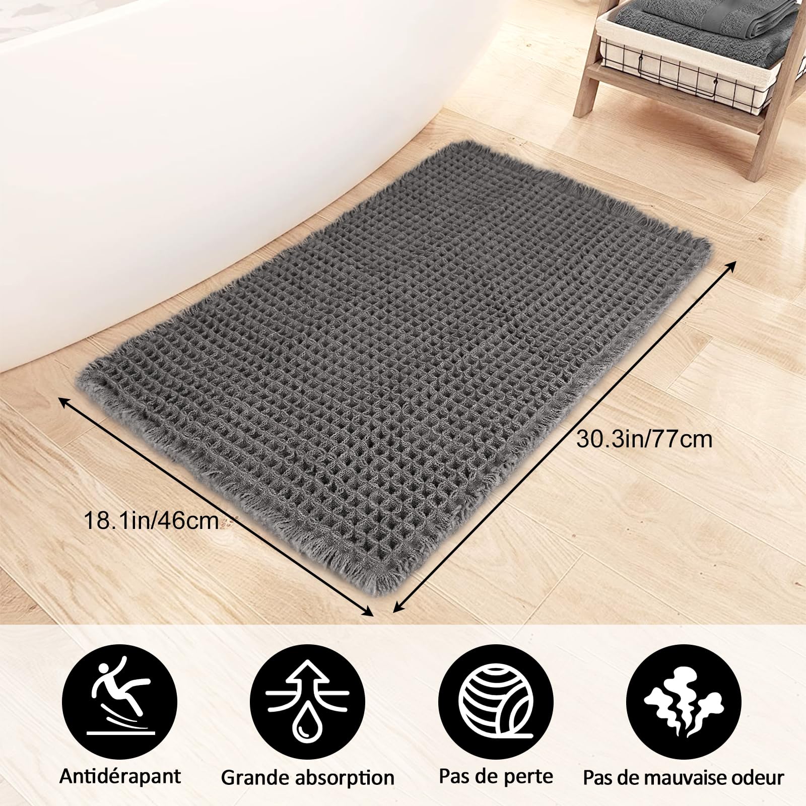Tapis De Bain Gaufré Marron 46x77cm - Super Absorbant, Antidérapant, Lavable En Machine