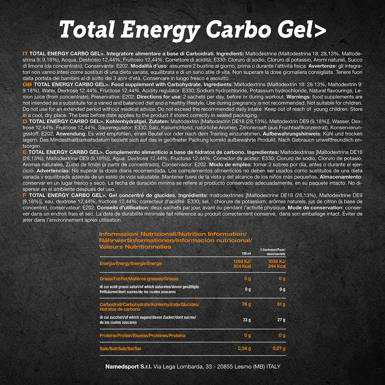 NAMEDSPORT Total Energy Strong Gel | Gel Energetico con Caffeina, Taurina e Guaranà | Sport di Endurance (Ciclismo, Running, Triathlon) | Vegano e Senza Glutine | Gusto Agrumi 24 x 40 ml